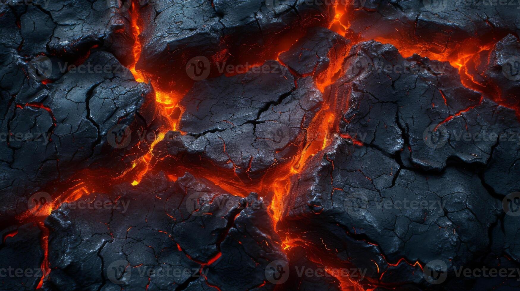 Texture of crackling logs with deep cracks and glowing red embers peeking through photo