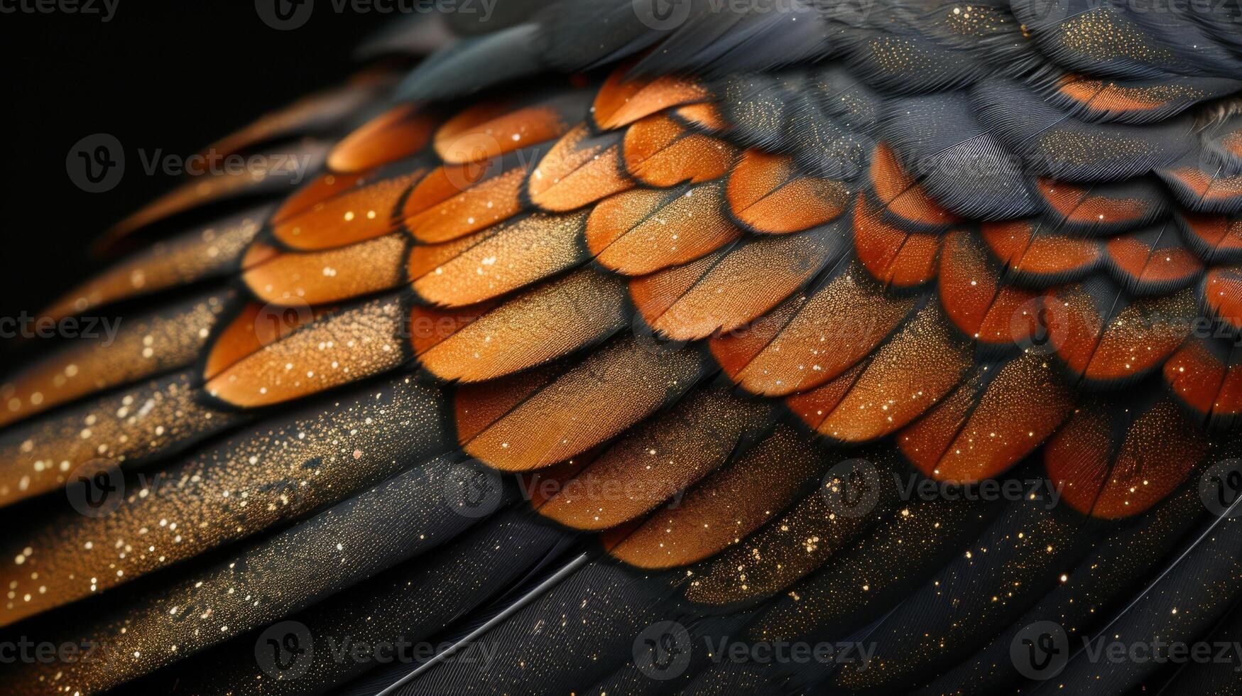 Closeup of the intricate shape and design of a birds tail feathers as it swoops through a swarm photo