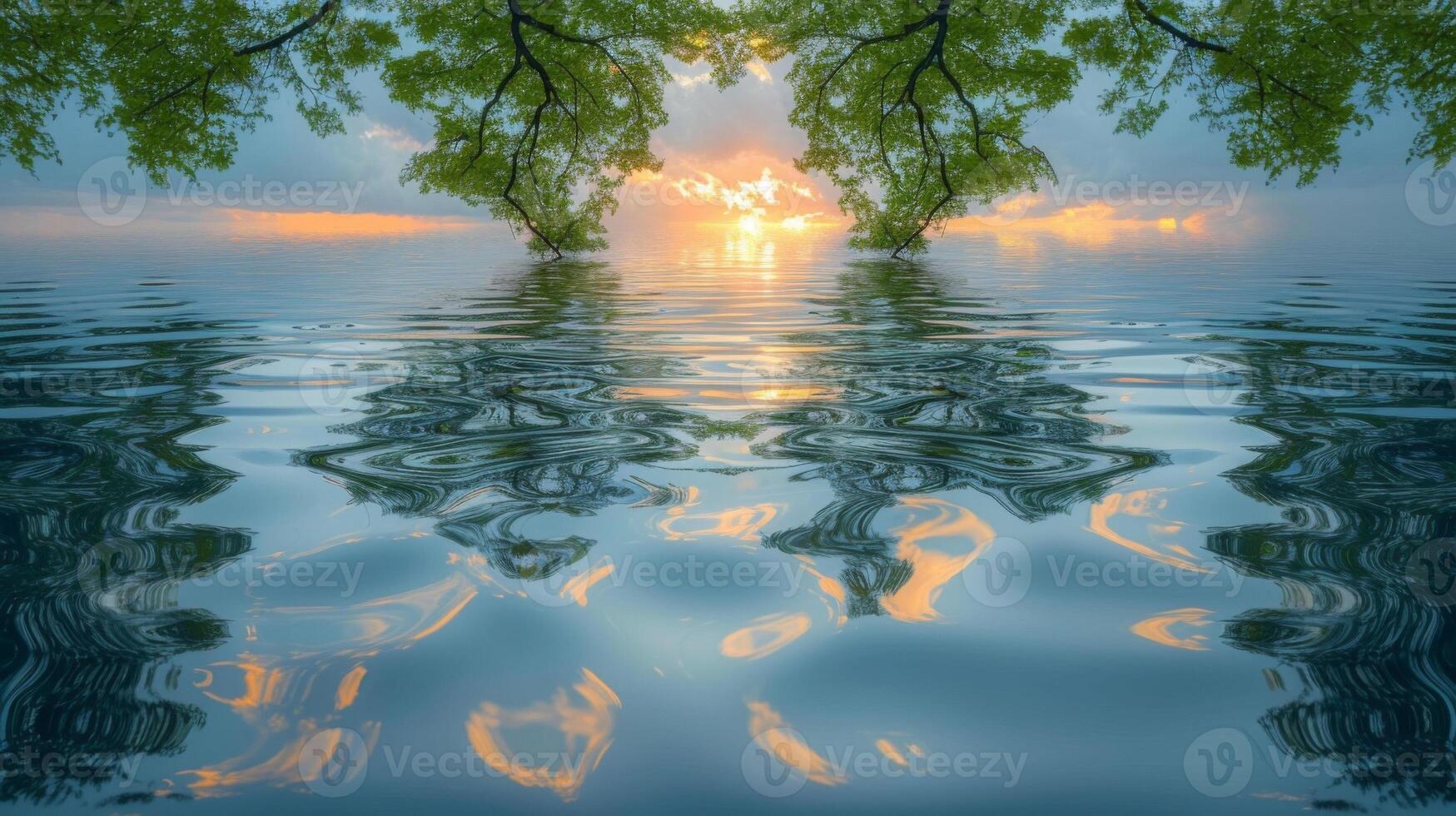 Closeup of a lakes reflection showing the gentle sway of tree branches and clouds in the water photo