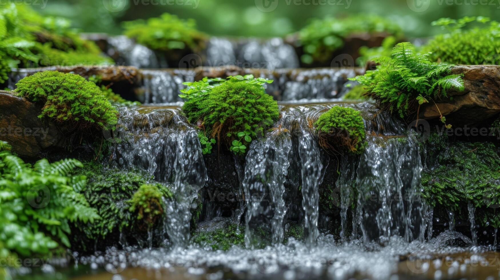 Closeup of moss and ferns clinging to wet rocks at the edge of a cascading waterfall adding pops of vibrant green to the scenery photo