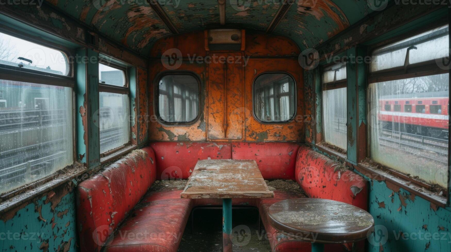 Texture of the cracked and peeling wood paneling in the trains dining car reminiscent of a bygone era photo