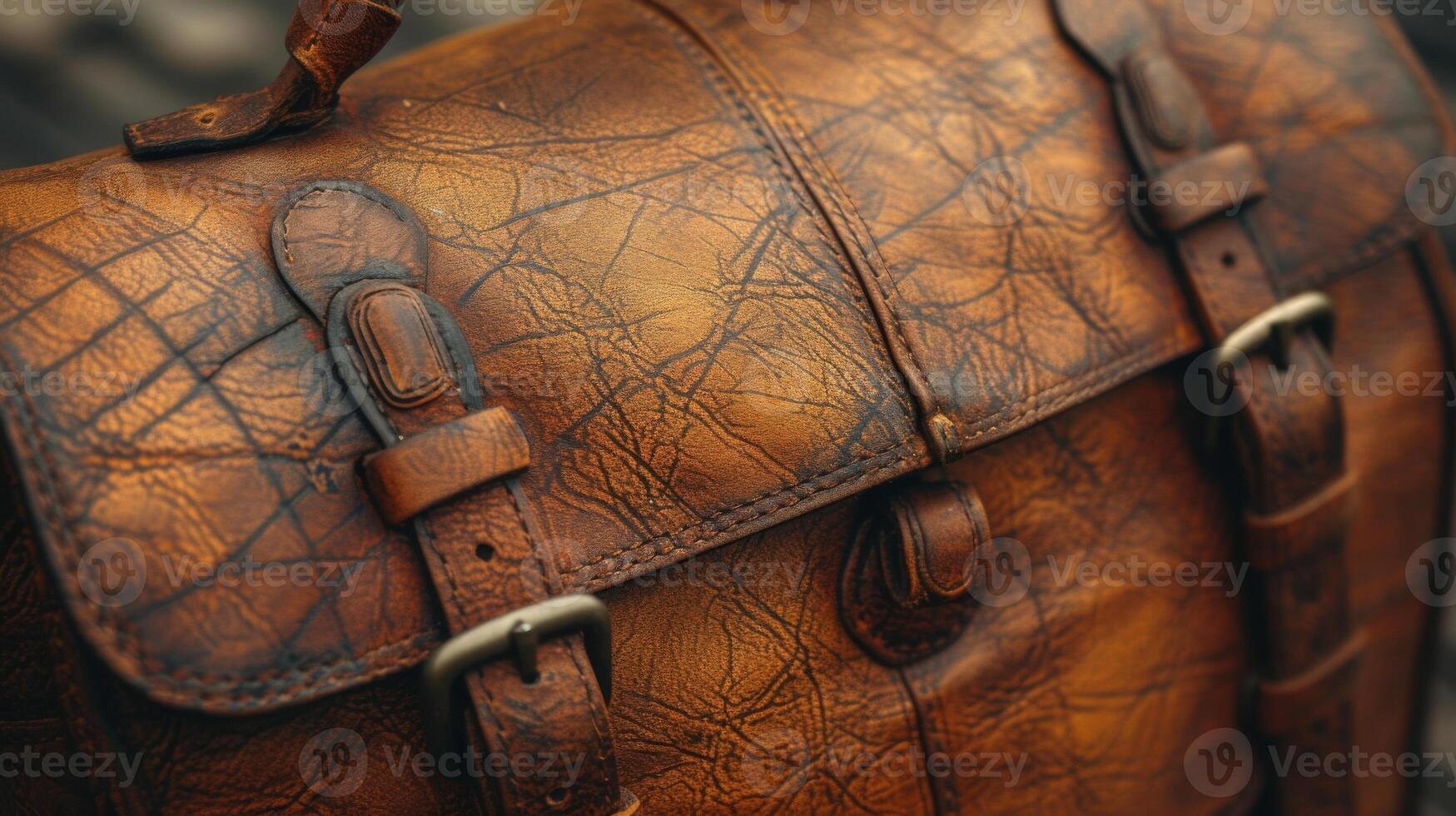 Closeup of a distressed leather handbag highlighting the intentional scuffs and scratches that give it a uniquely rugged appeal photo