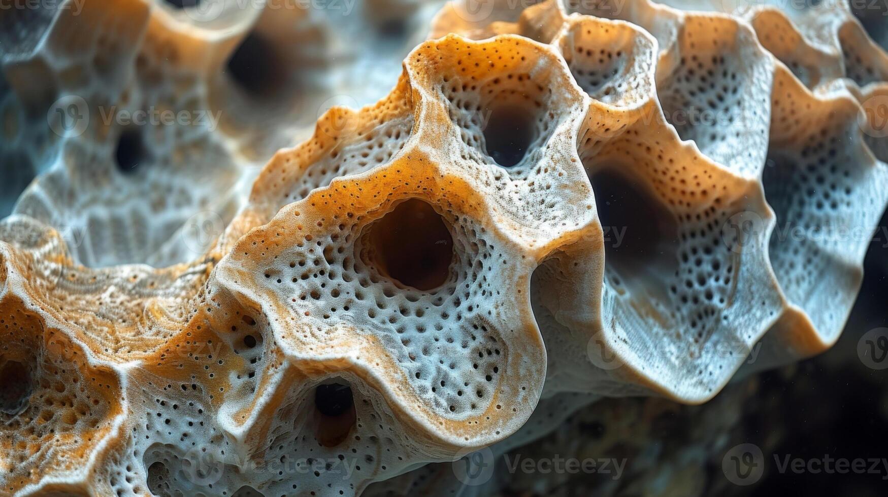 Closeup of a bumpy and rough piece of coral with pockets and crevices for sea creatures to hide in photo