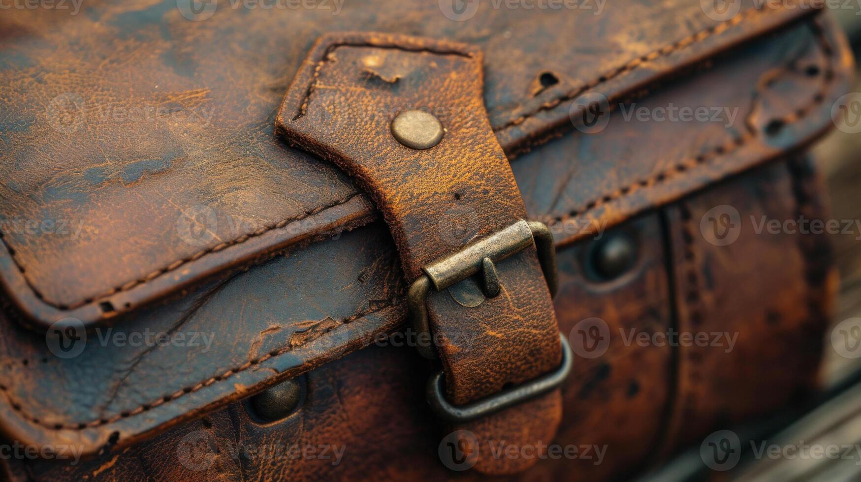 Closeup of an antique leather briefcase showcasing a weathered surface with a subtle sheen. The once smooth finish now displays a rugged patina evoking a sense of histor photo