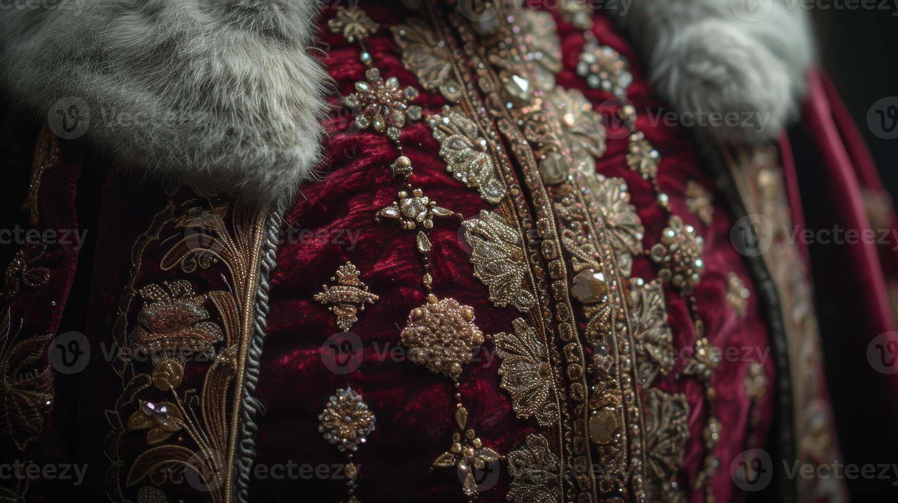 Texture of a sumptuous velvet fabric on a 16th century cloak adorned with rich embroidery and metallic threads photo