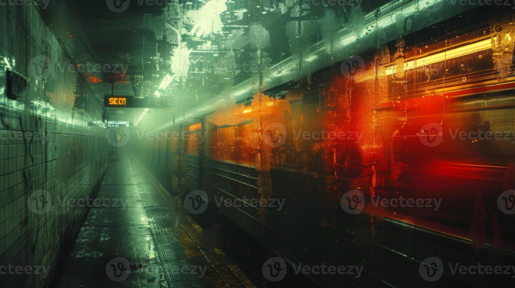 Texture of fastmoving trains ping through a blurred and gritty subway station photo