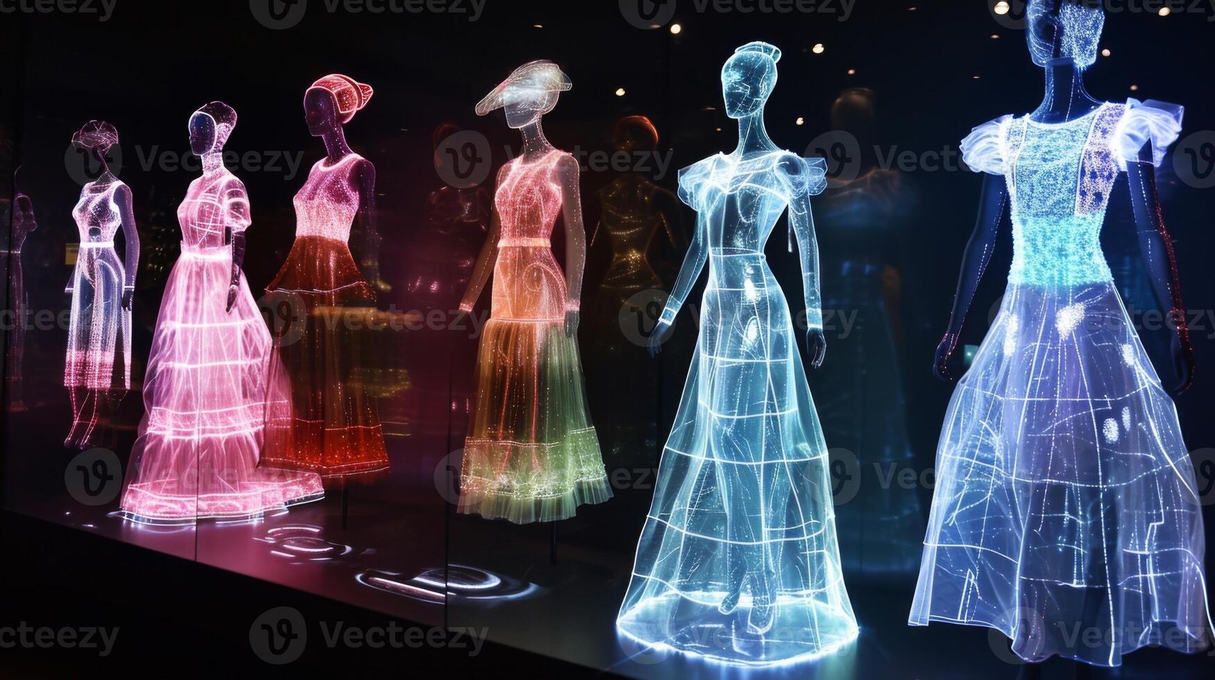 A display of holographic images featuring models wearing dresses with advanced fabric technology such as moisturewicking and body temperature regulation photo