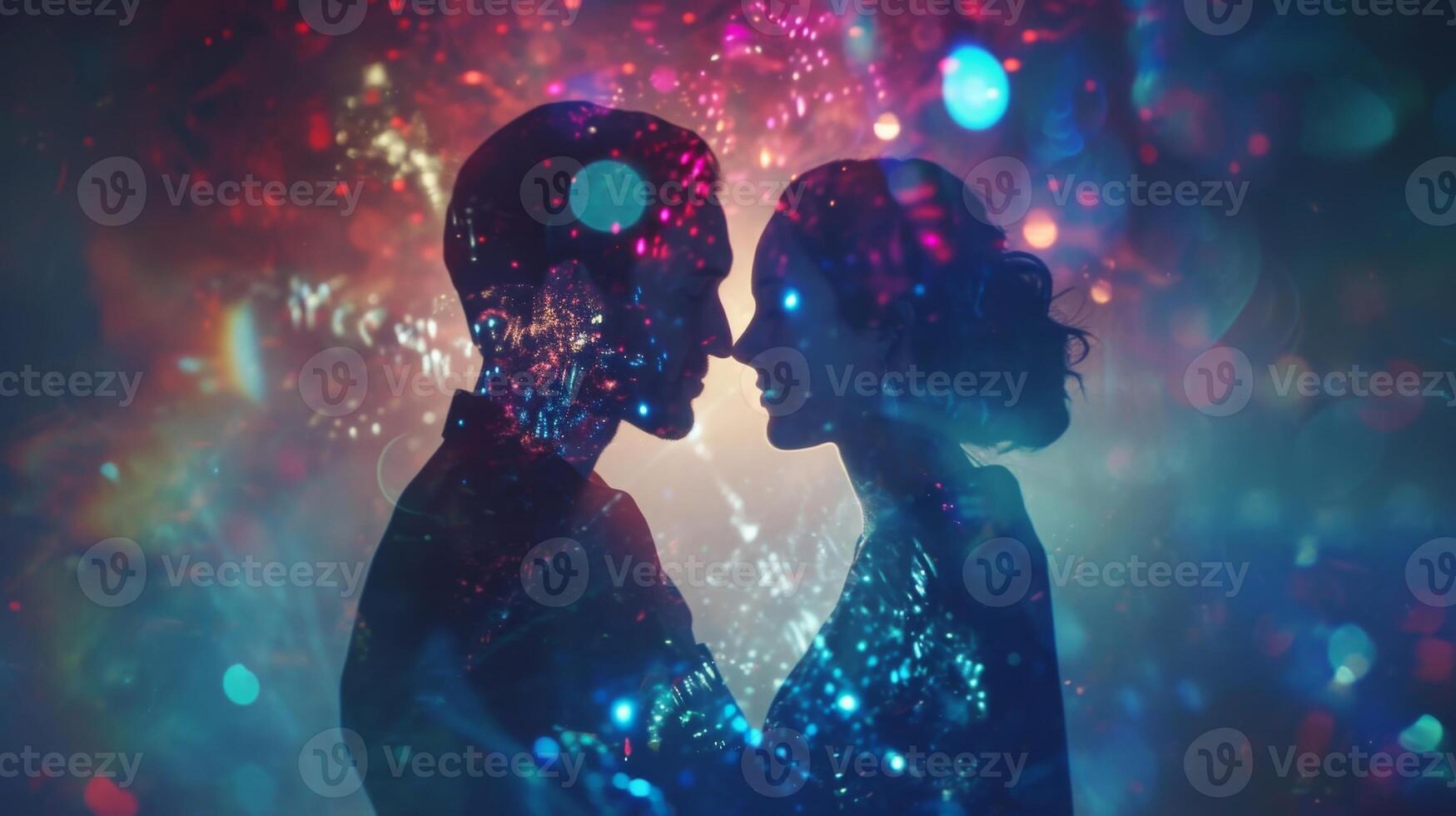 A holographic portrait of the couple exchanging vows with their words floating above them in a dreamy ethereal font photo