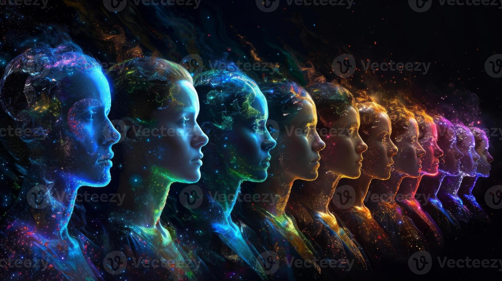 A series of holographic portraits of different family members each representing a different stage and age in life stretching into the future photo