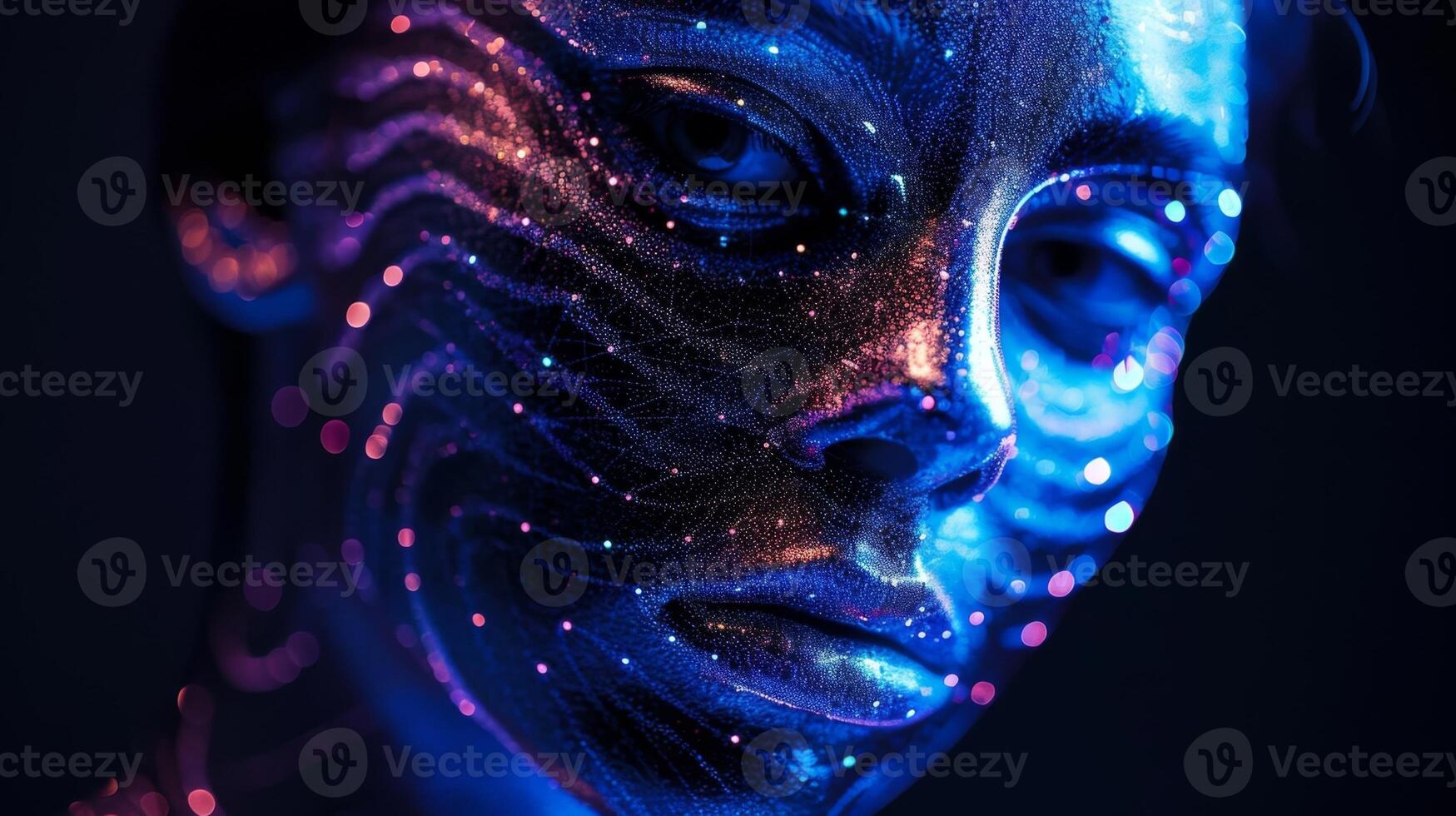 A holographic portrait of a masked figure with each feature made up of ling starlike dots that appear to shift and move with the viewers perspective photo
