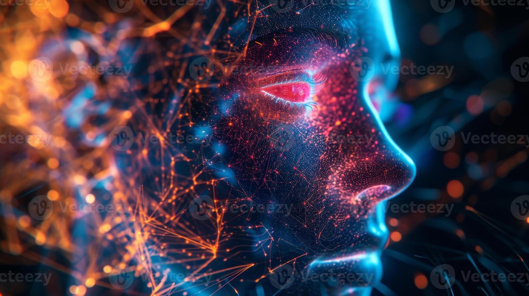 An abstract hologram portrait depicting a persons emotions and thoughts through a vibrant web of interconnected lines and shapes photo