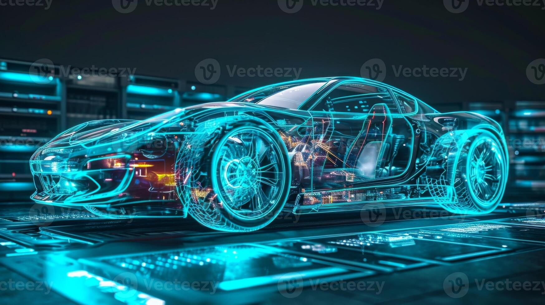 A holographic collage of different car parts coming together to form a cohesive and visually stunning design for a futuristic and innovative vehicle photo