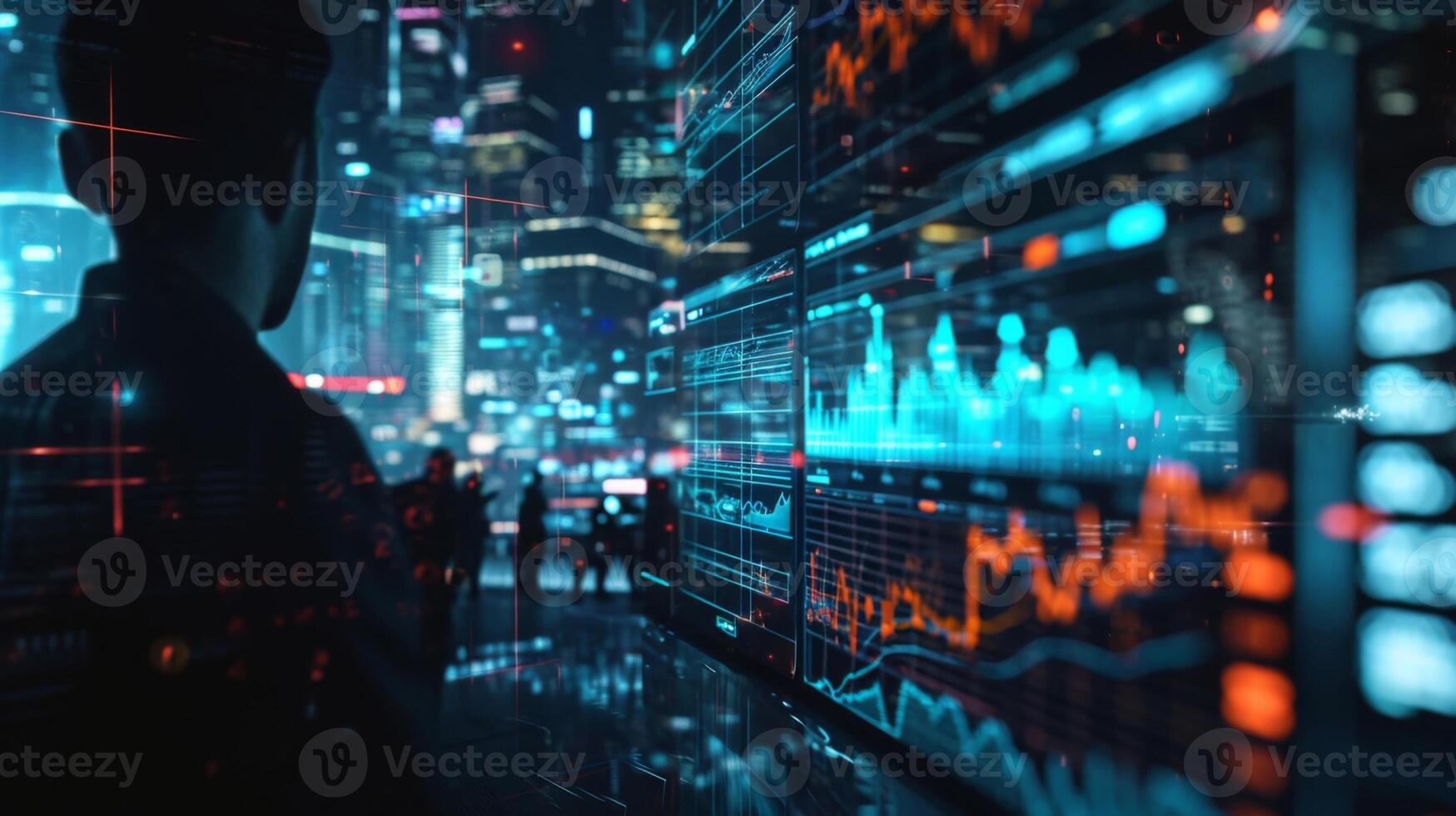 The forex market comes to life with holographic projections of traders and ysts discussing market trends and predictions photo