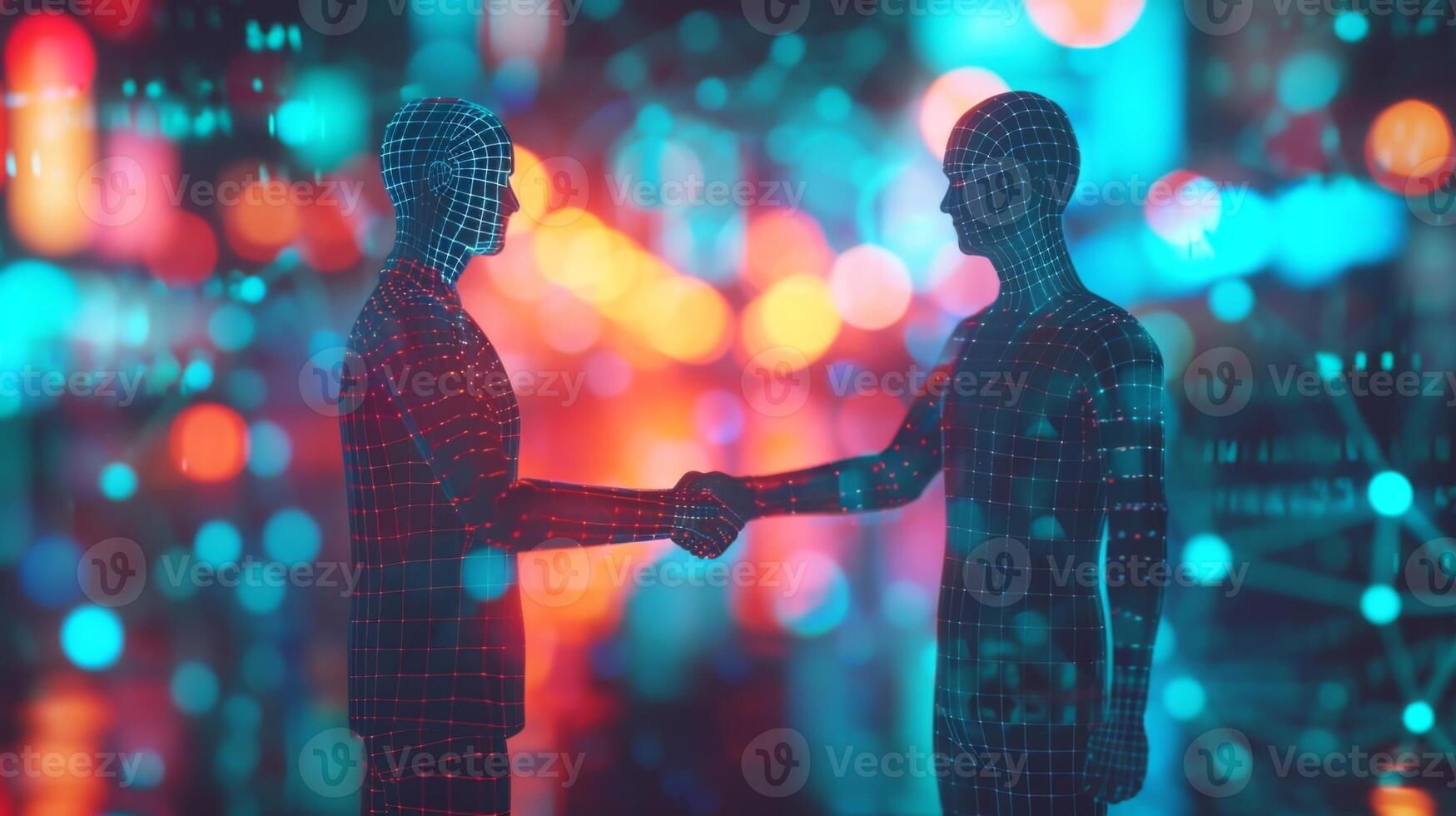 A holographic image of a handshake between two figures emphasizing the networking opportunities available at the virtual investment seminar photo