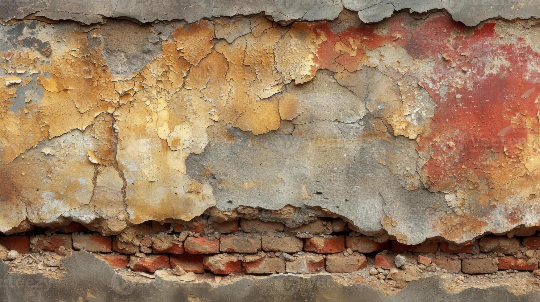 Texture of weathered and chipped murals giving way to the brick and concrete underneath photo