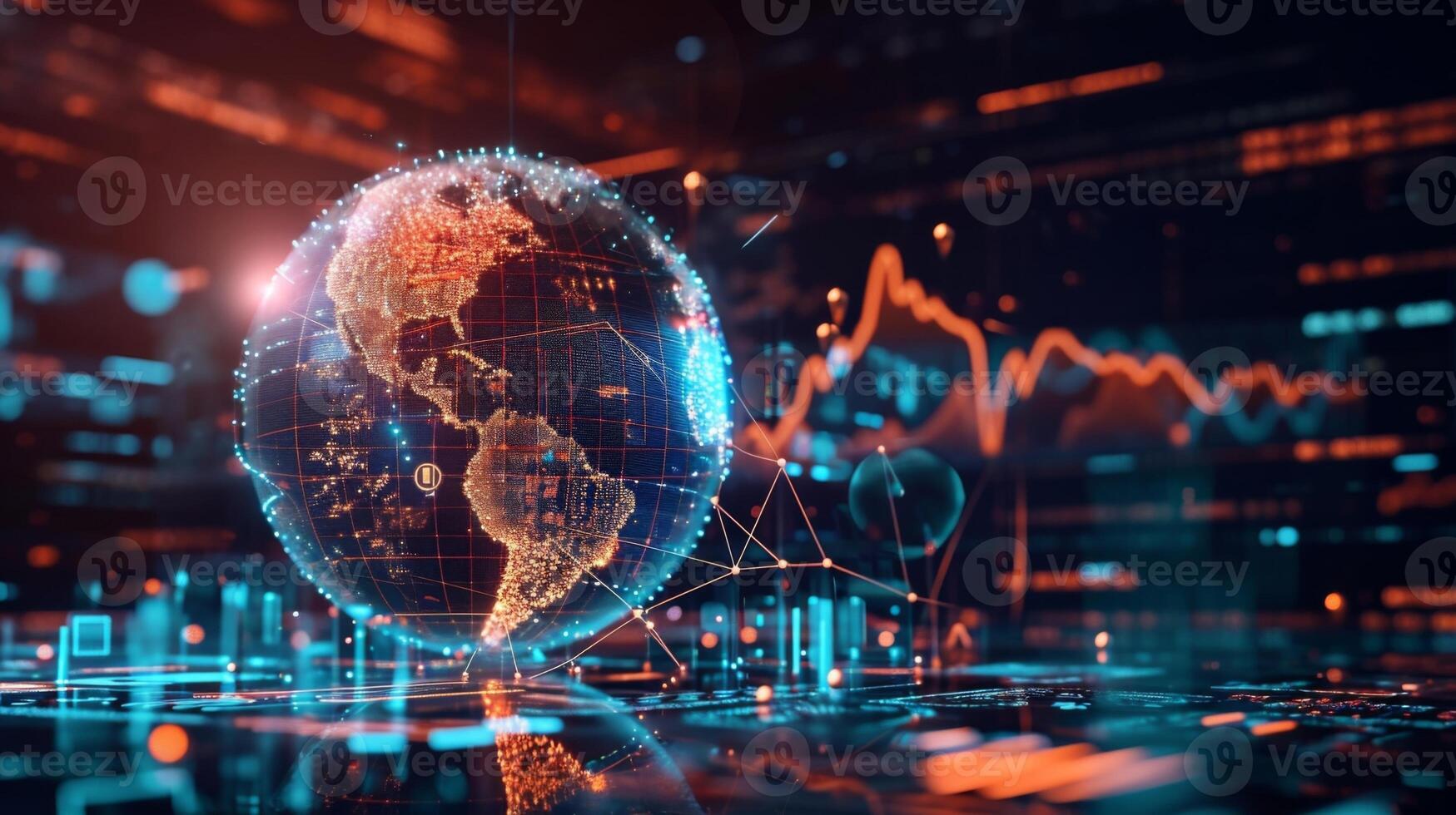 A holographic globe with various financial markets and currencies hovering around it showcasing how wealth managers can use augmented reality to monitor global economic trends photo