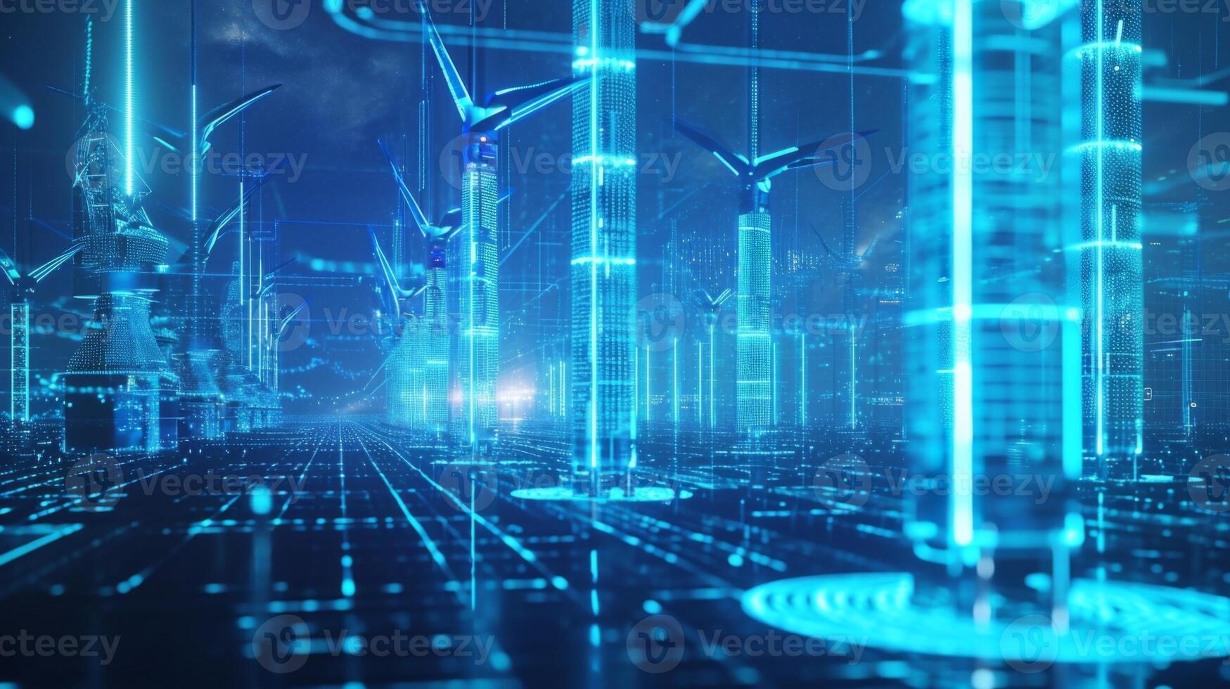 A virtual power plant composed of holographic turbines and solar panels generating and distributing electricity seamlessly photo