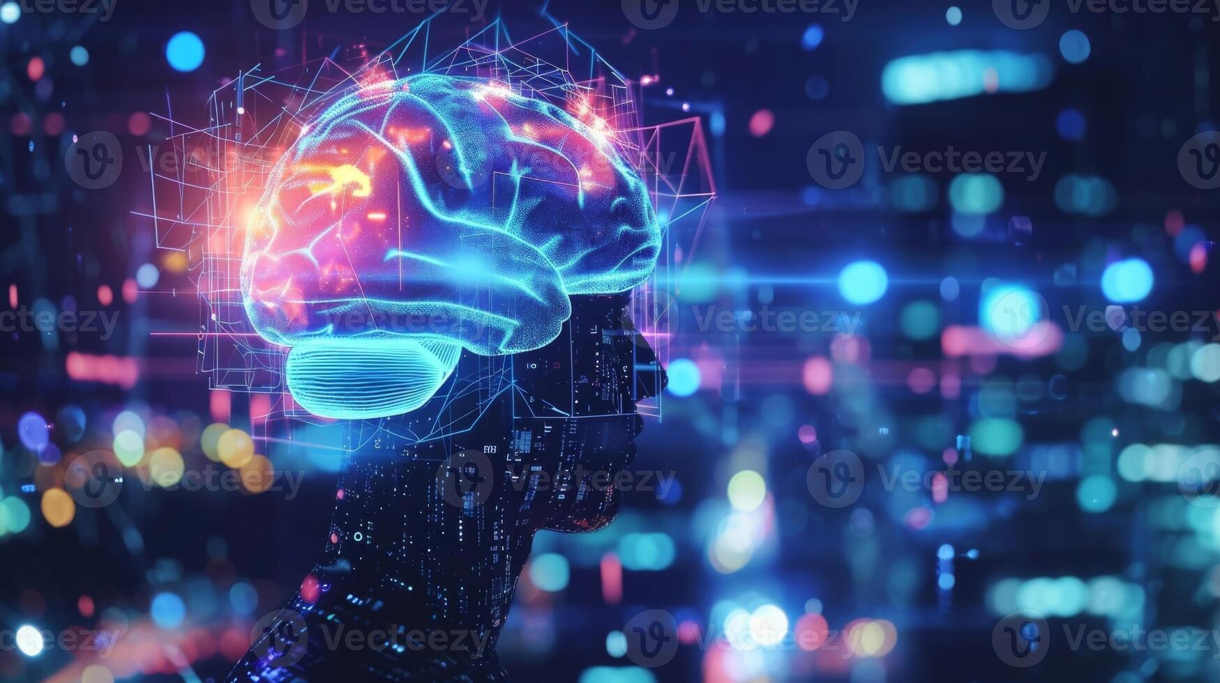 A holographic image of a human brain appears above the head of a user wearing a headband equipped with IoT sensors displaying brainwave patterns and cognitive insights photo