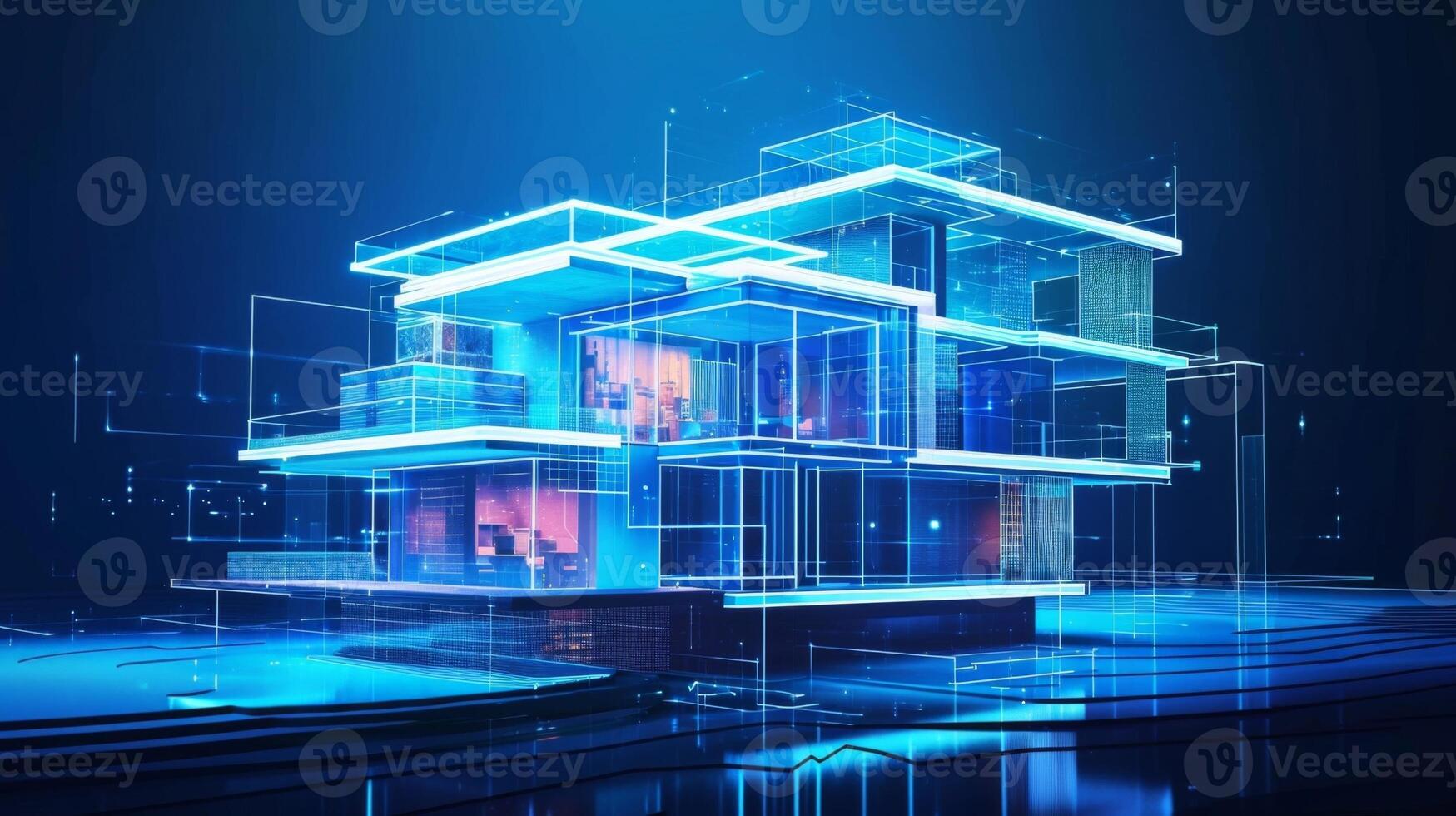 A 3D hologram of a smart building showcasing how technology is used for energy efficiency security and maintenance photo