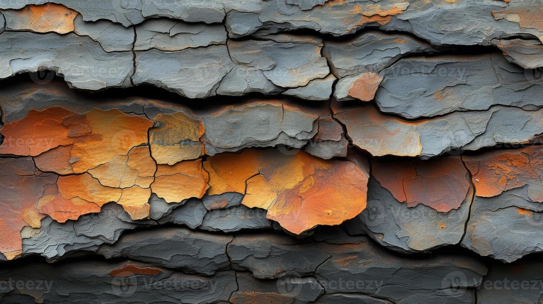 Closeup of a cracked piece of bark texture of its surface wearing away in uneven patterns exposing the inner layers and creating a rugged appearance photo