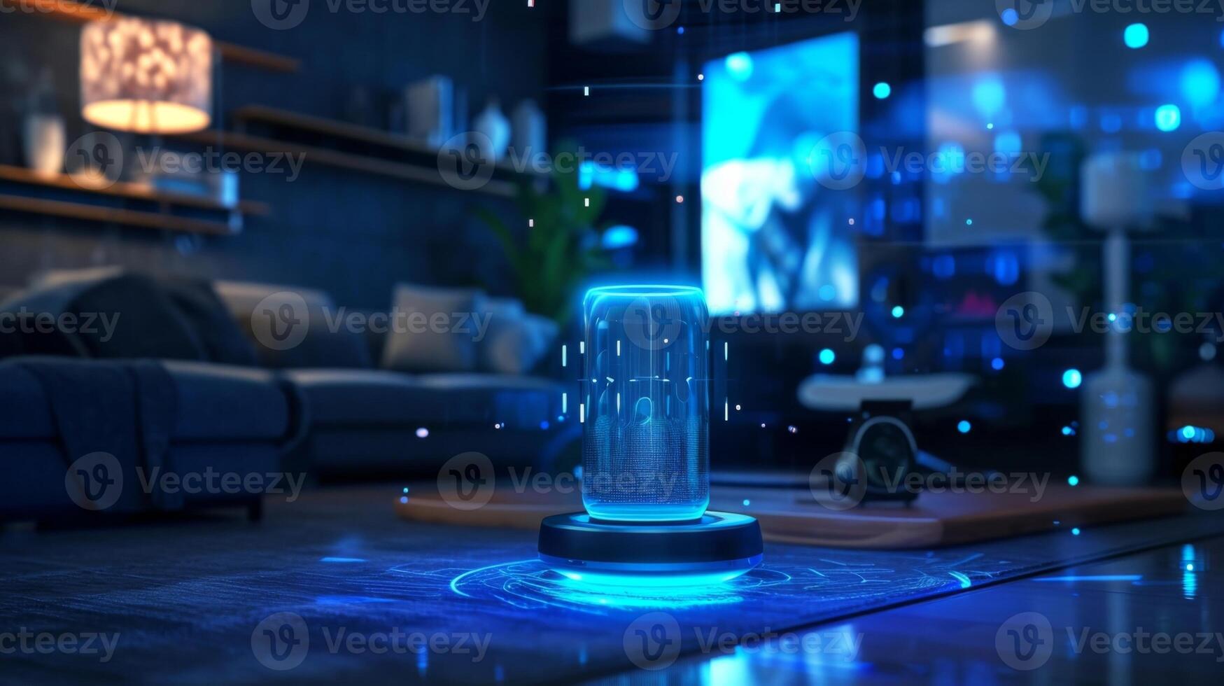 A floating hologram of a voice istant ready to take commands for controlling smart appliances photo