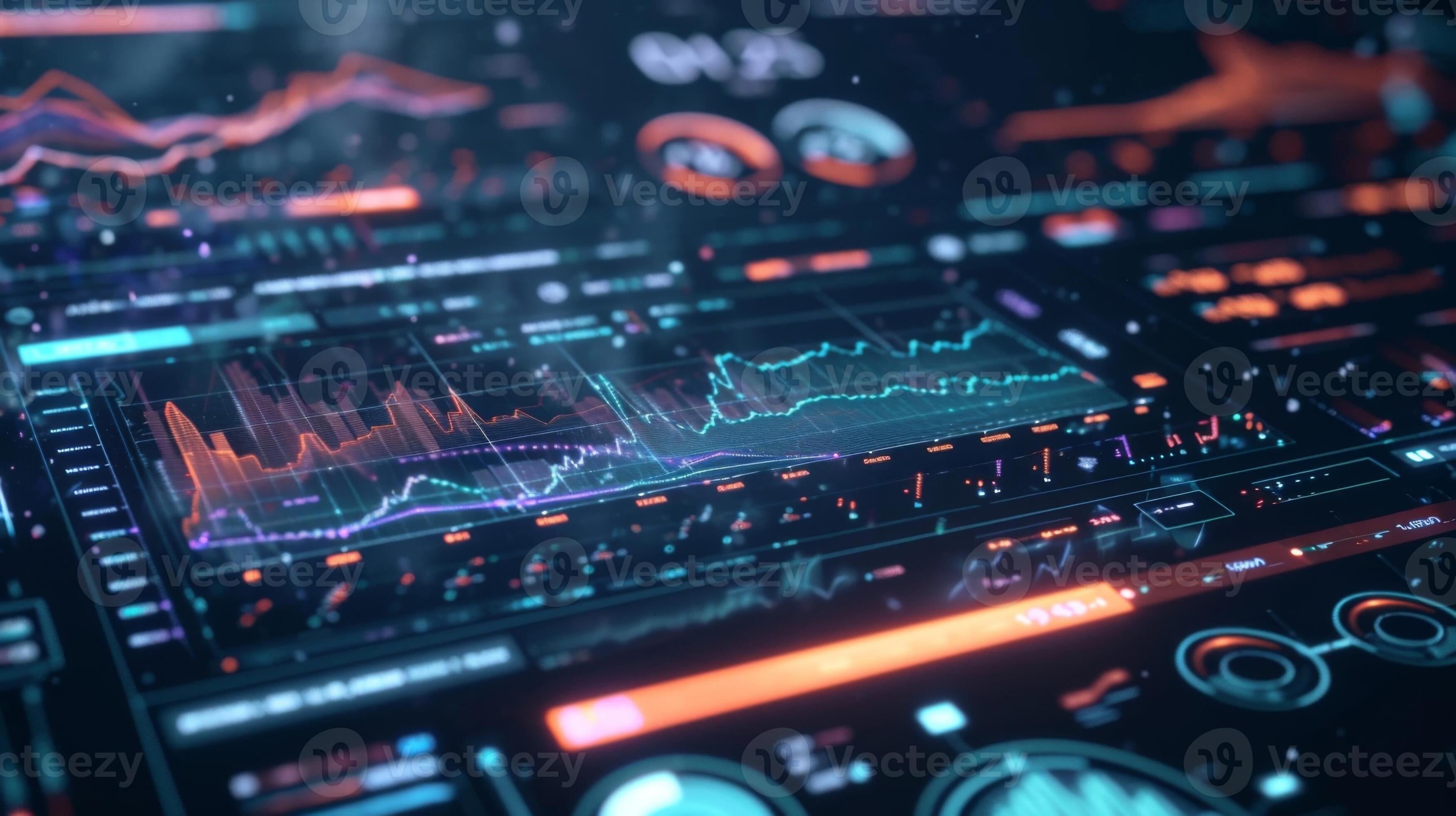 A holographic representation of an interactive dashboard displaying 