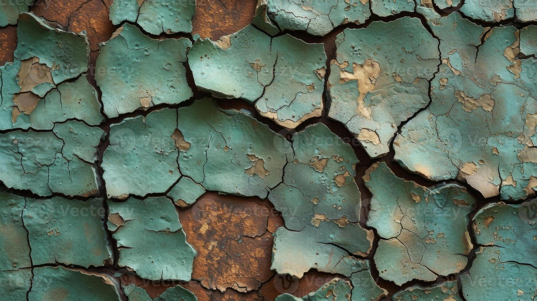 Closeup of a weathered metal texture with a patchwork of crisscrossing lines and speckles in shades of green and blue. The metal appears to have been aged by both moistur photo