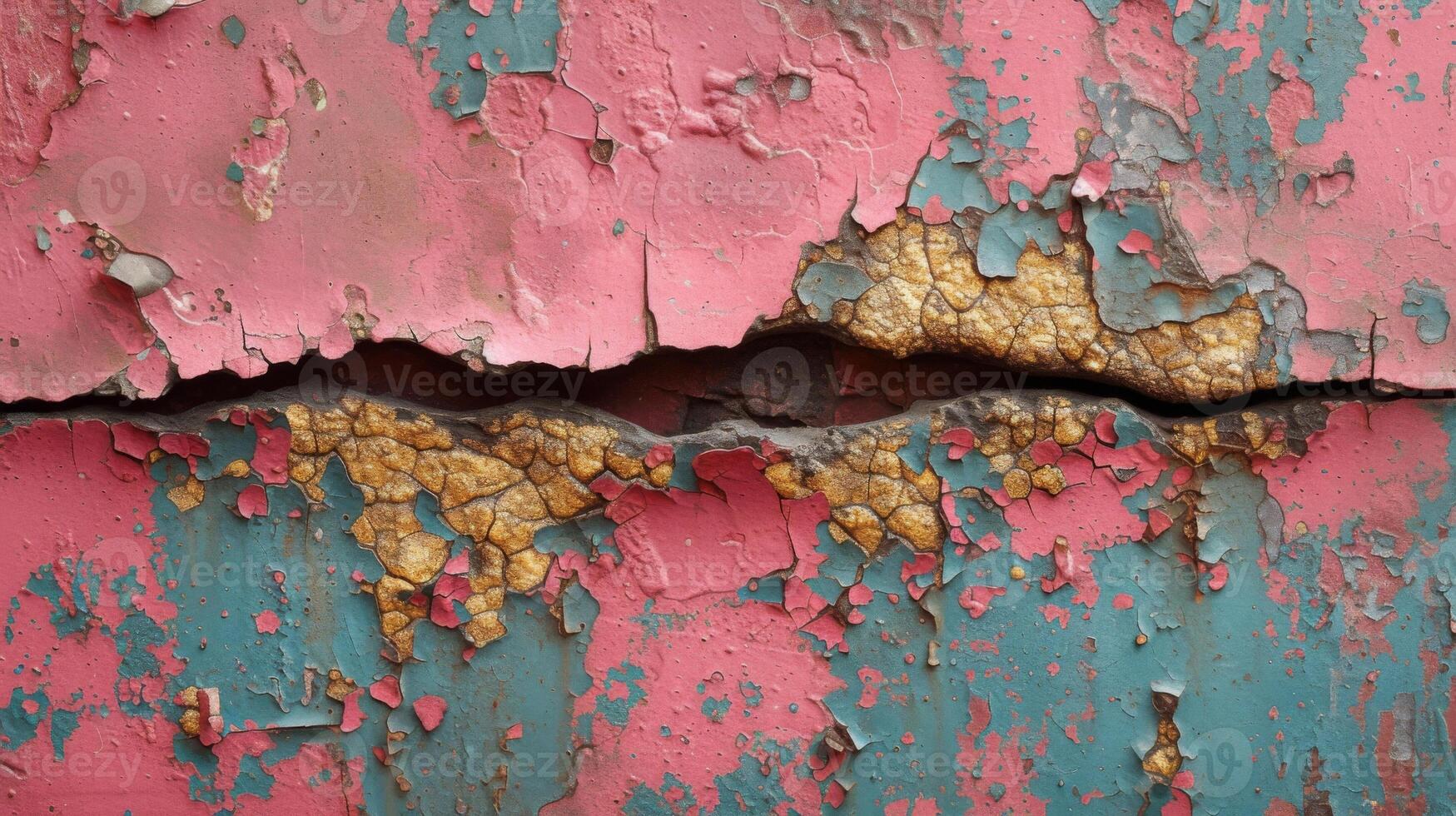 Detail of a single crack in the textured paint surrounded by speckles of chipped and faded color photo