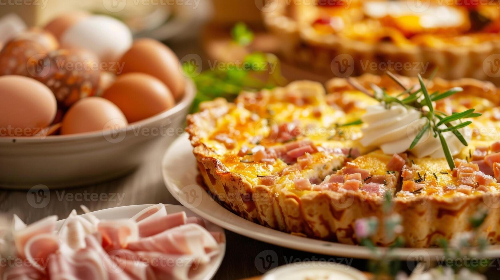 Alongside the sugary delights there are also savory options such as Easterthemed cheese platters and quiches incorporating traditional Easter ingredients like ham and eggs photo