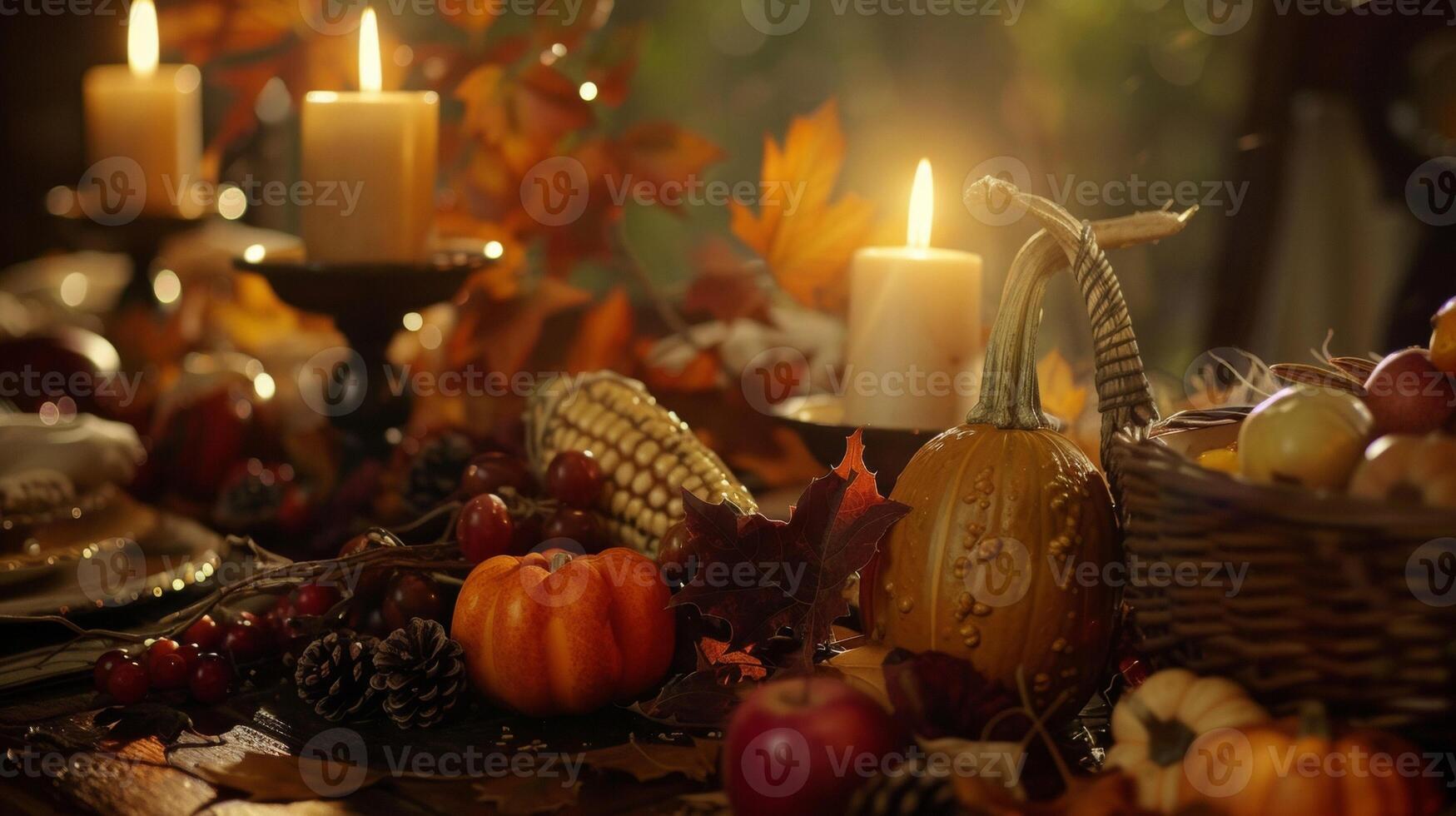 A shot of a beautifully set table with autumn leaves candles and a cornucopia as part of the festive Thanksgiving decor photo