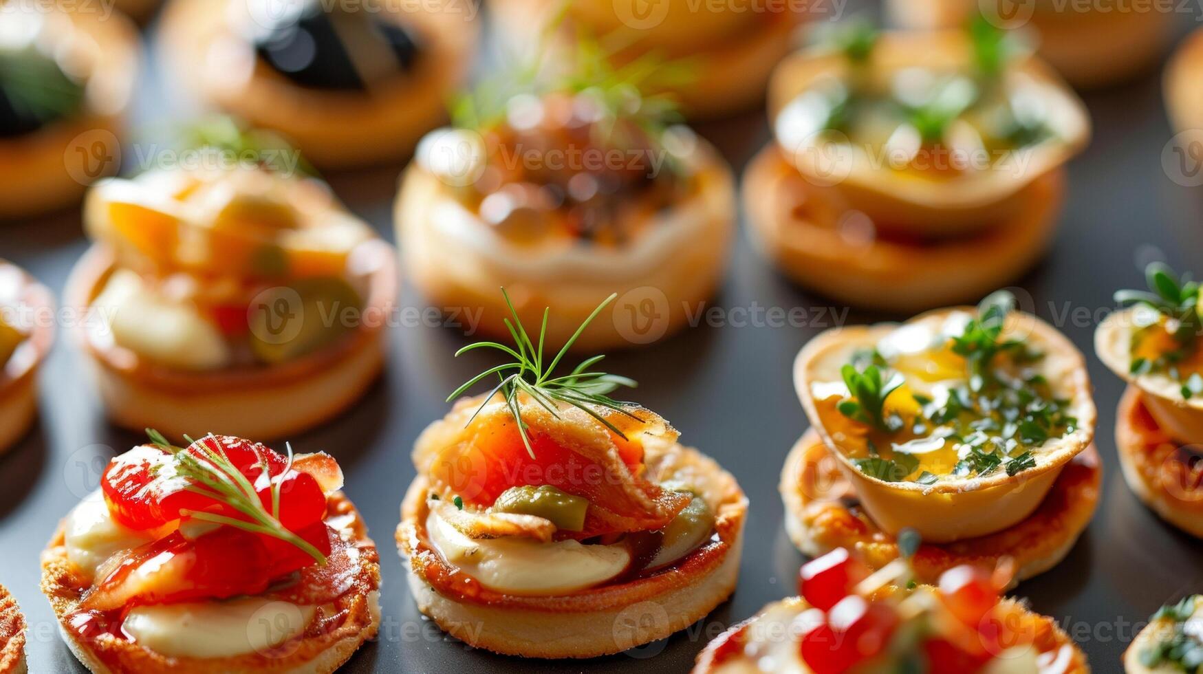 A closeup of a tray of mini appetizers featuring bitesized versions of indulgent treats for New Years party snacking photo