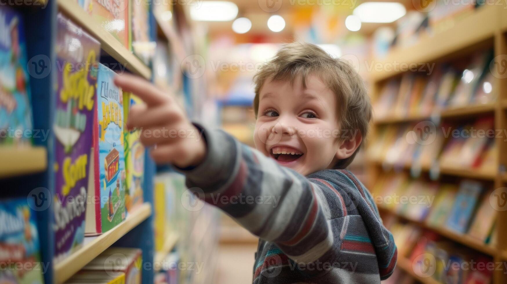 A young boy excitedly pointing at a shelf filled with colorful and educational childrens books photo