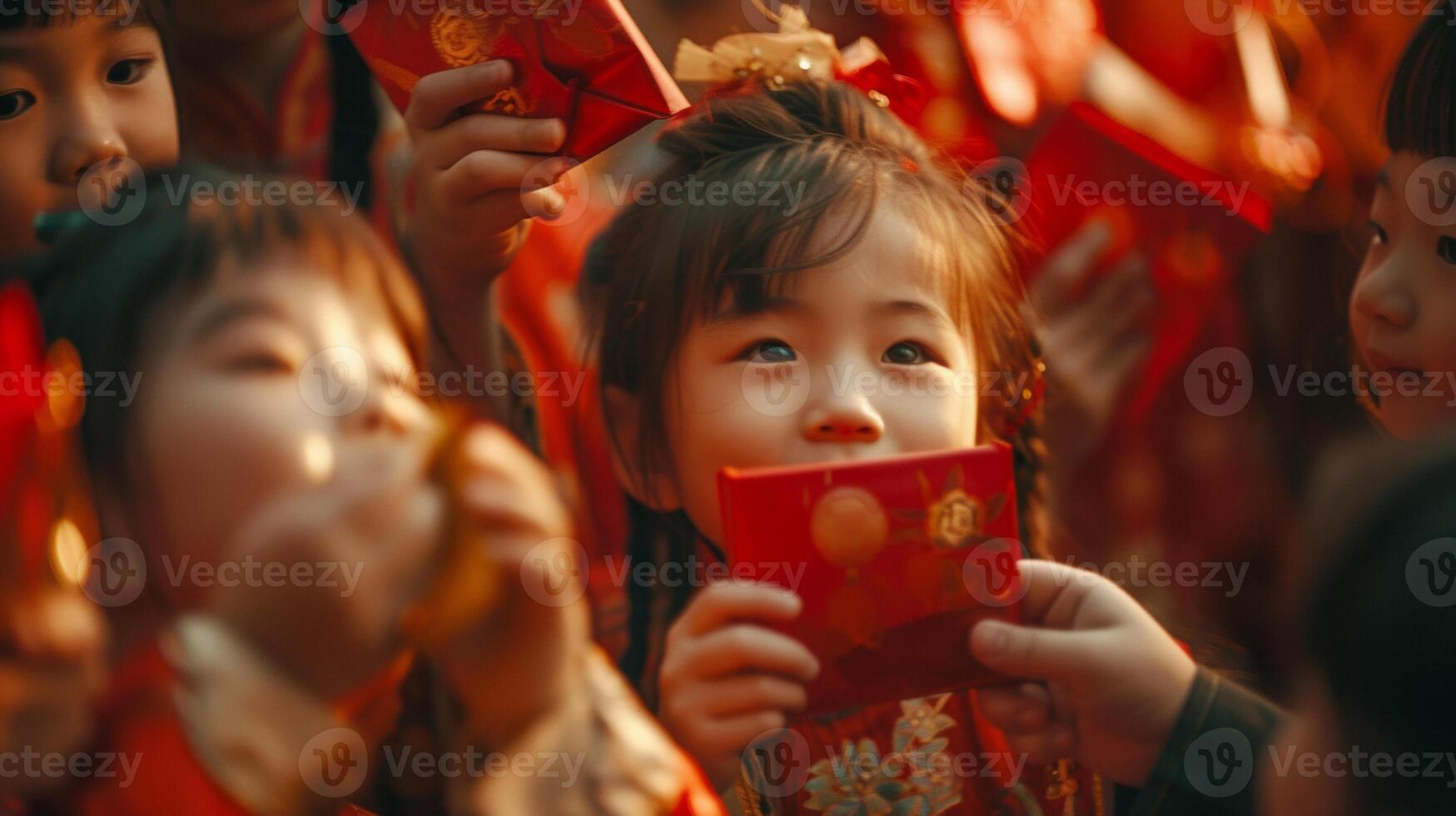 Children receive red envelopes filled with money from their elders a symbol of good luck and blessings photo