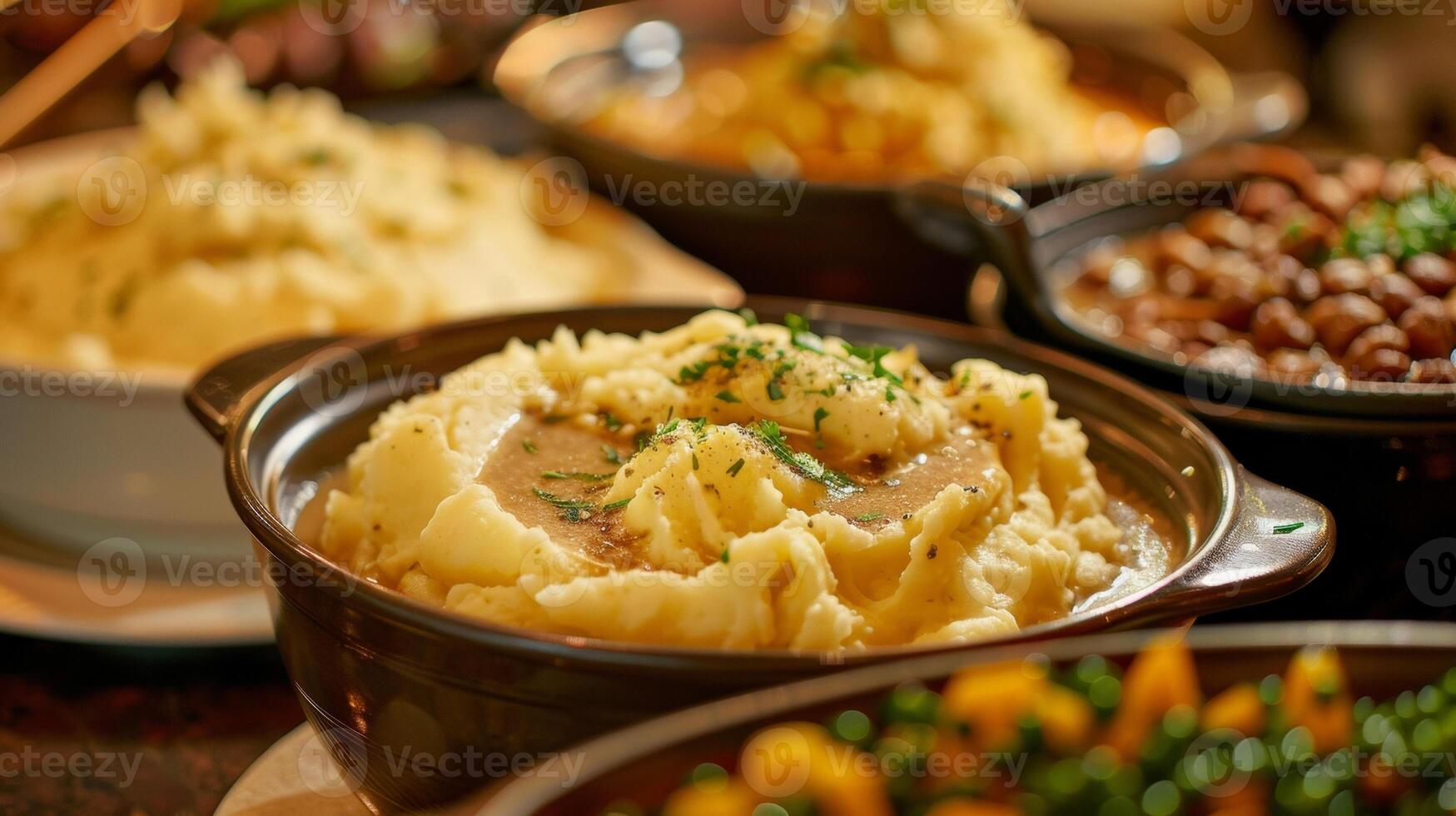Bowls of creamy comforting mashed potatoes are surrounded by dishes of flavorful gravy ready to be ladled onto plates photo