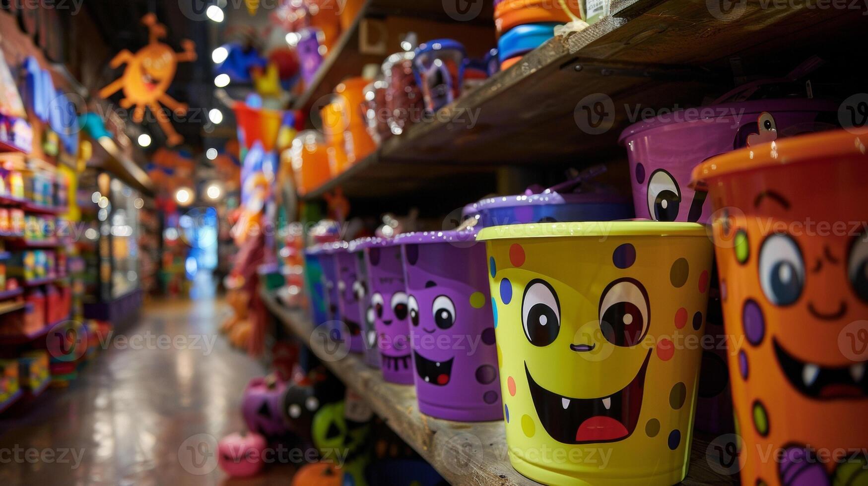 Brightly colored treat buckets shaped like ghosts and monsters add a playful touch to the dark and eerie decorations that dominate the store photo