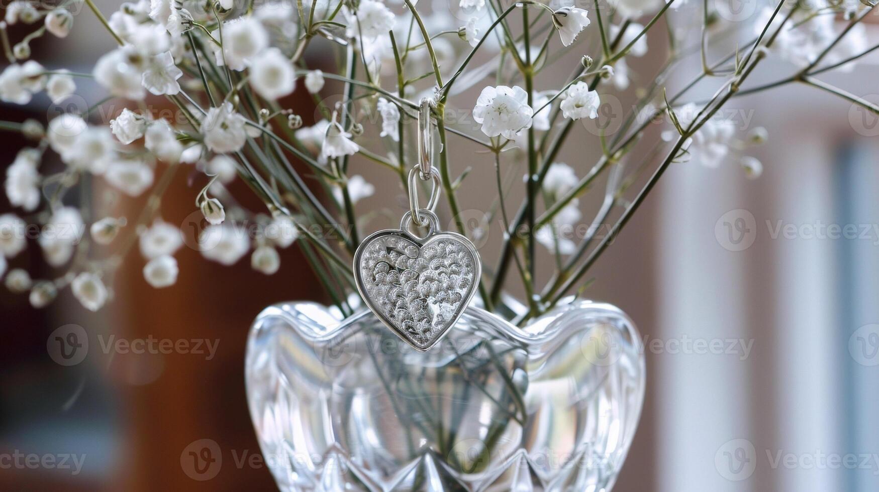 A delicate silver heart charm hangs from a crystal vase filled with delicate babys breath adding a touch of elegance to the Valentines Day table photo