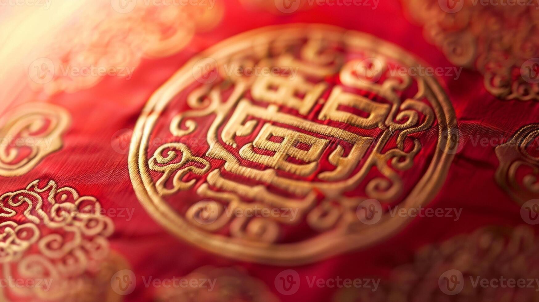 A closeup of a red and gold paper out featuring the Chinese character for luck commonly displayed in homes during the holiday photo