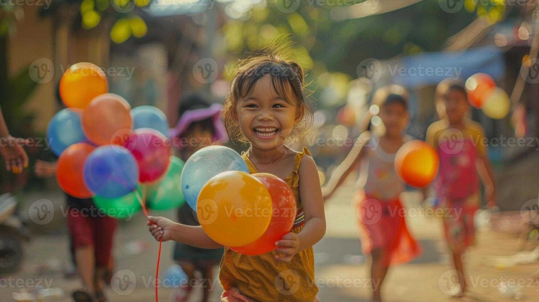 Children can be seen wearing new clothes and carrying balloons and toys adding to the joy and excitement of the holiday photo
