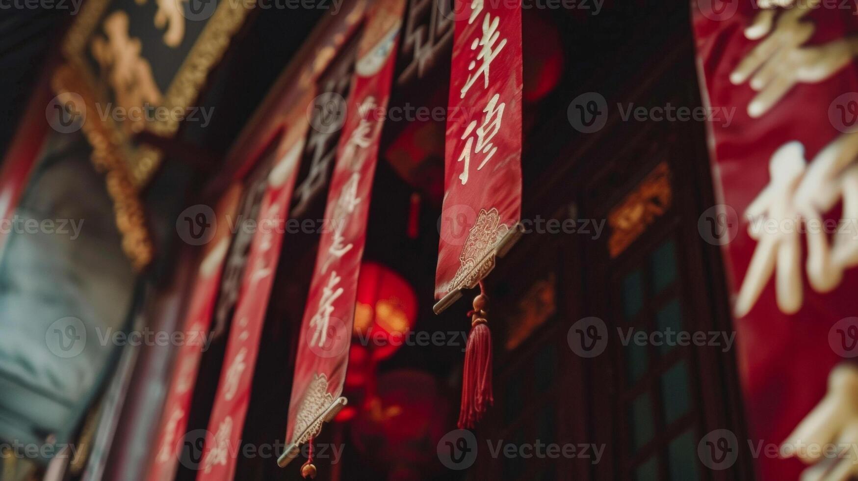 A closeup of a red and gold banner with calligraphy wishing a prosperous and fortunate new year hung above a doorway photo
