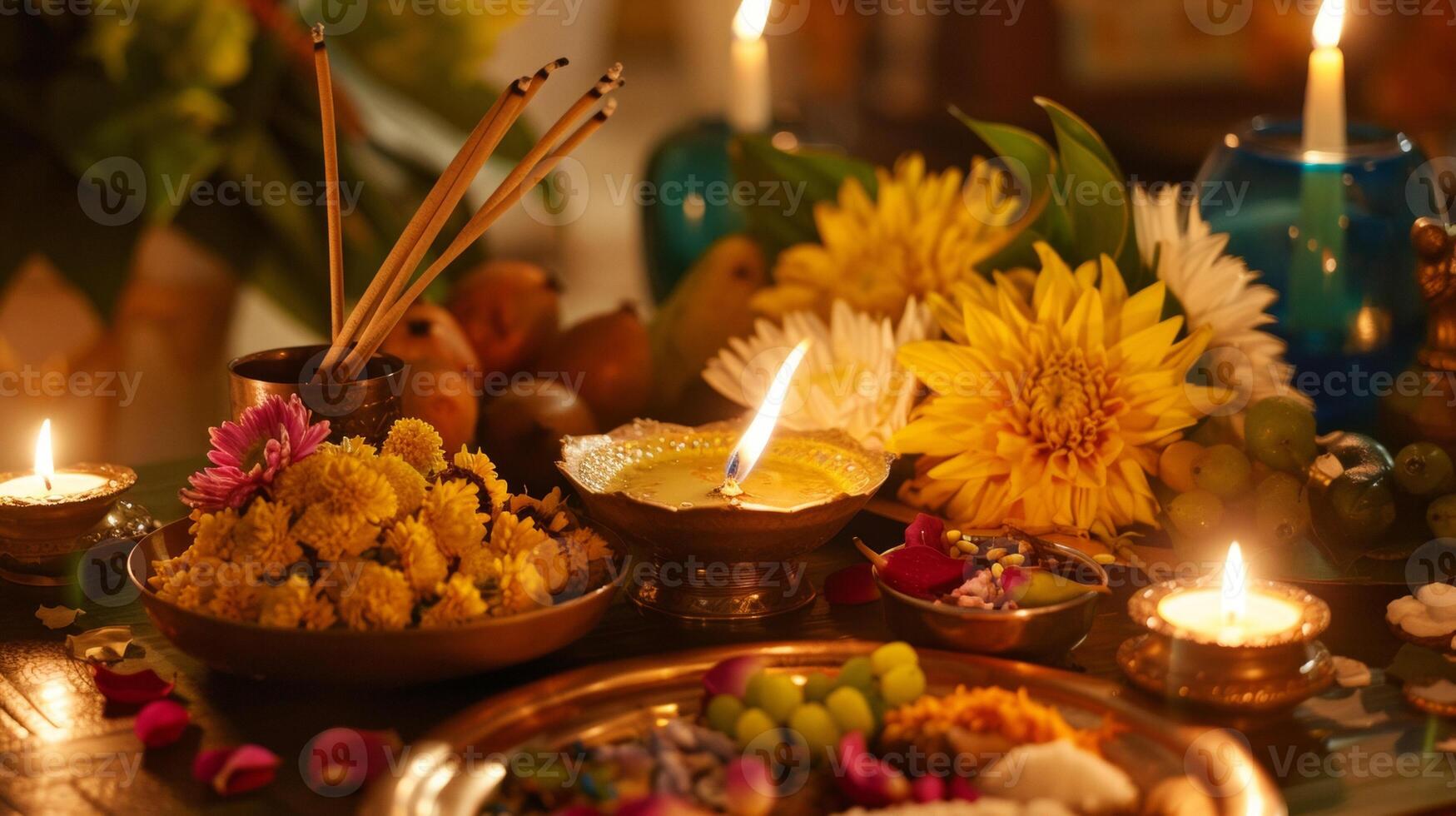 A table adorned with puja prayer items including a lit diya incense sticks flowers and fruits ready for a traditional Diwali puja ceremony photo