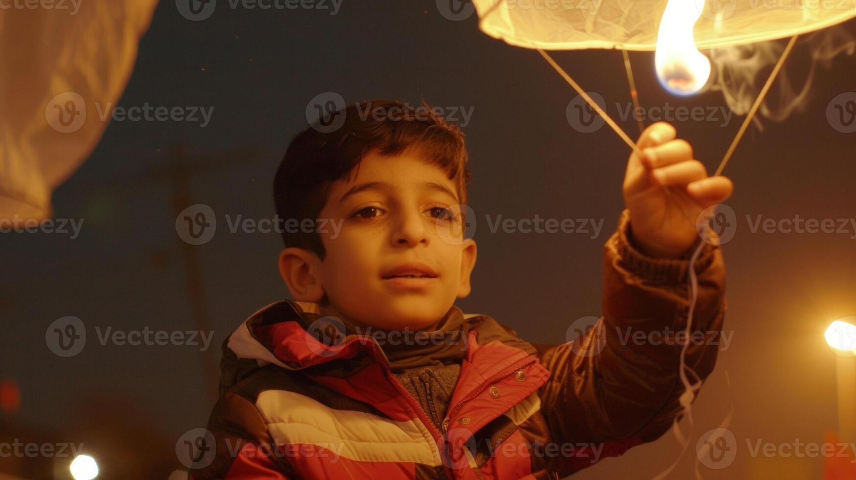 A young boy lighting a lantern or kandil and releasing it into the night sky a symbol of hope and prosperity for the new year photo