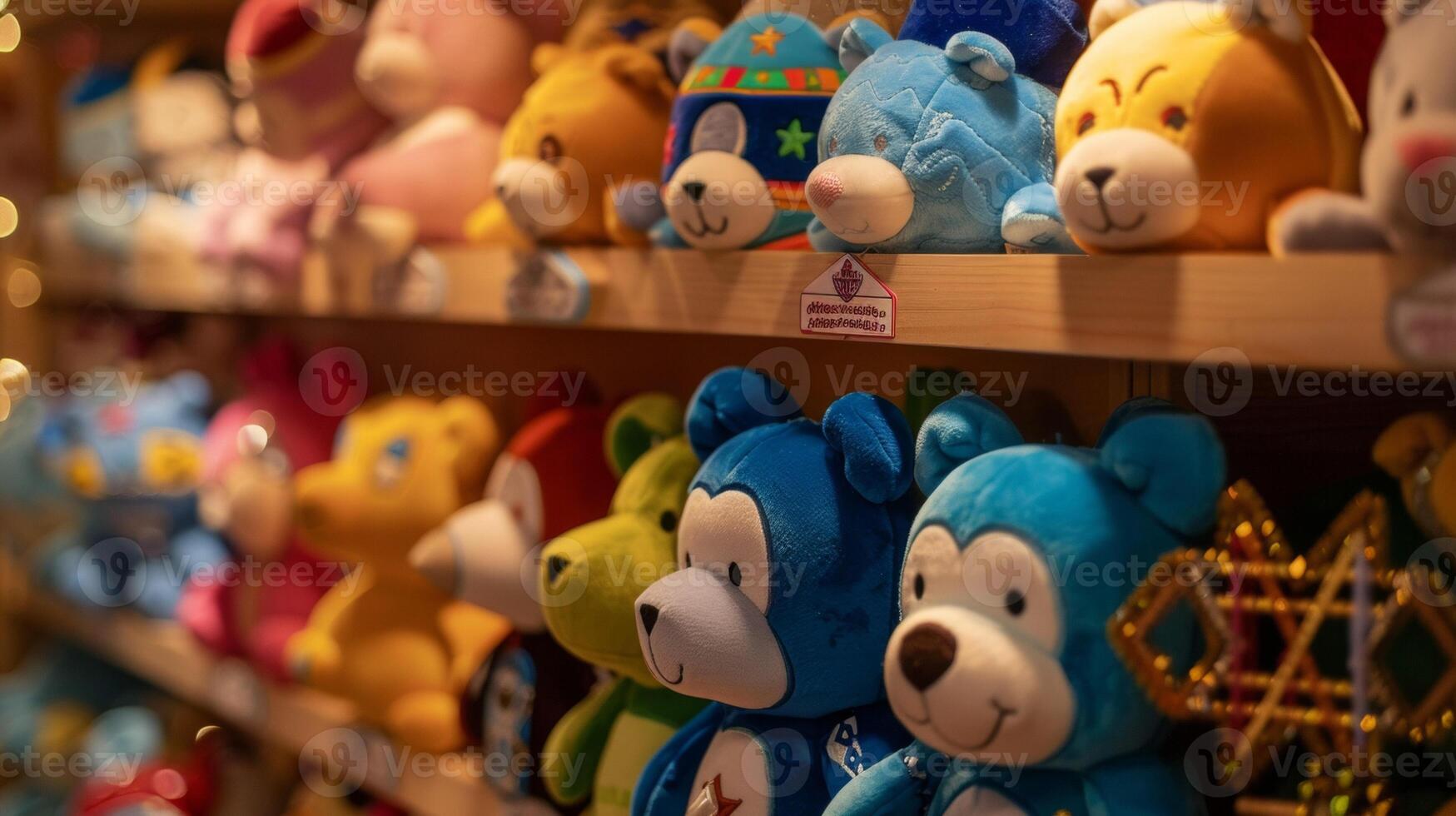 A festive display of Hanukkah themed plush toys including cuddly dreidels and menorahs photo