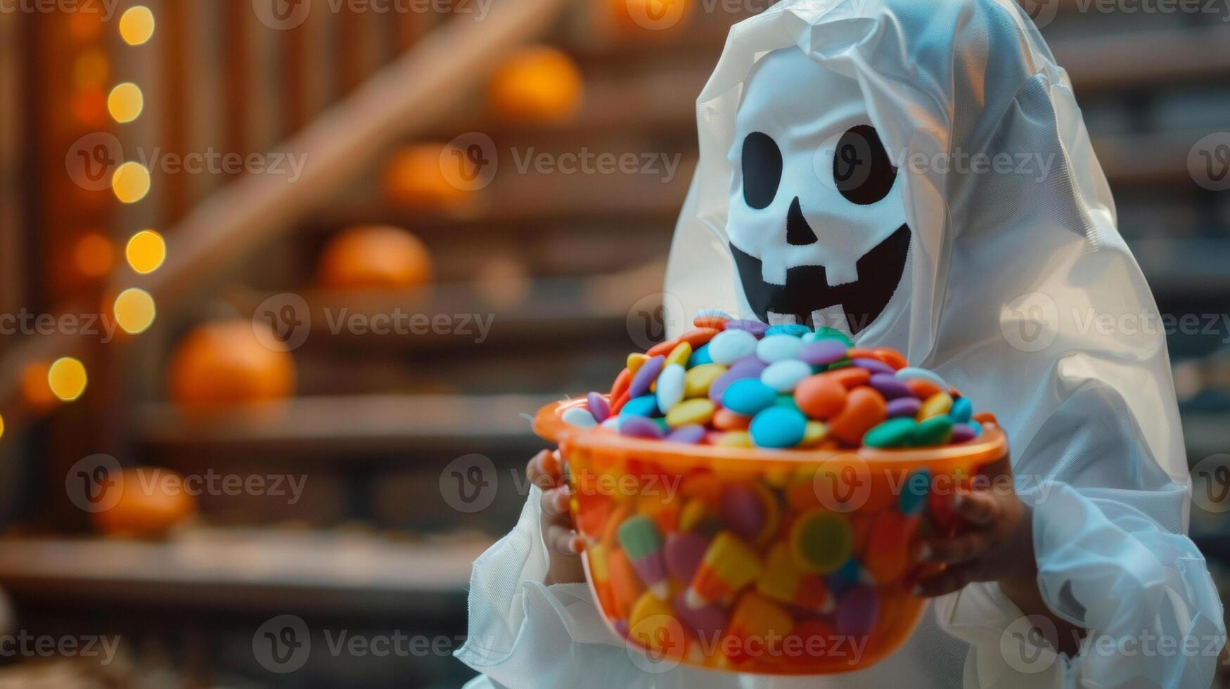 A small child dressed as a friendly ghost eagerly holding out their candy bucket to receive treats photo