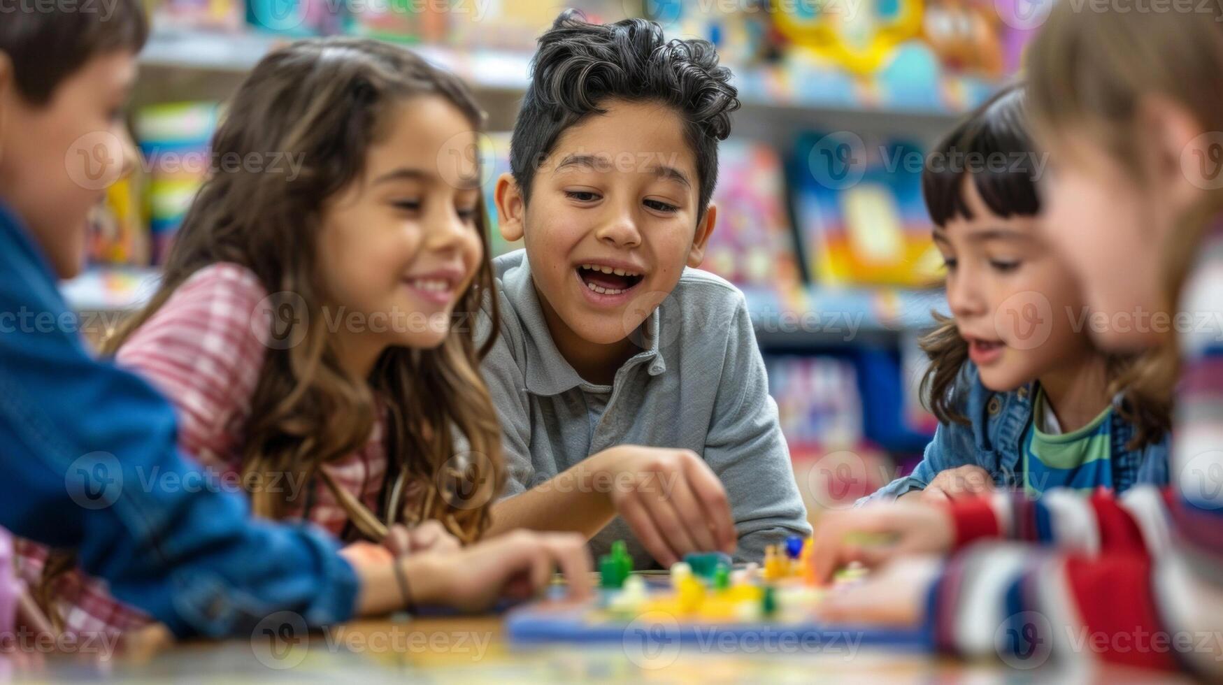 A group of children gathered in a corner of the store deep in concentration as they compete against each other in a friendly game of board game laughing and cheering as the photo