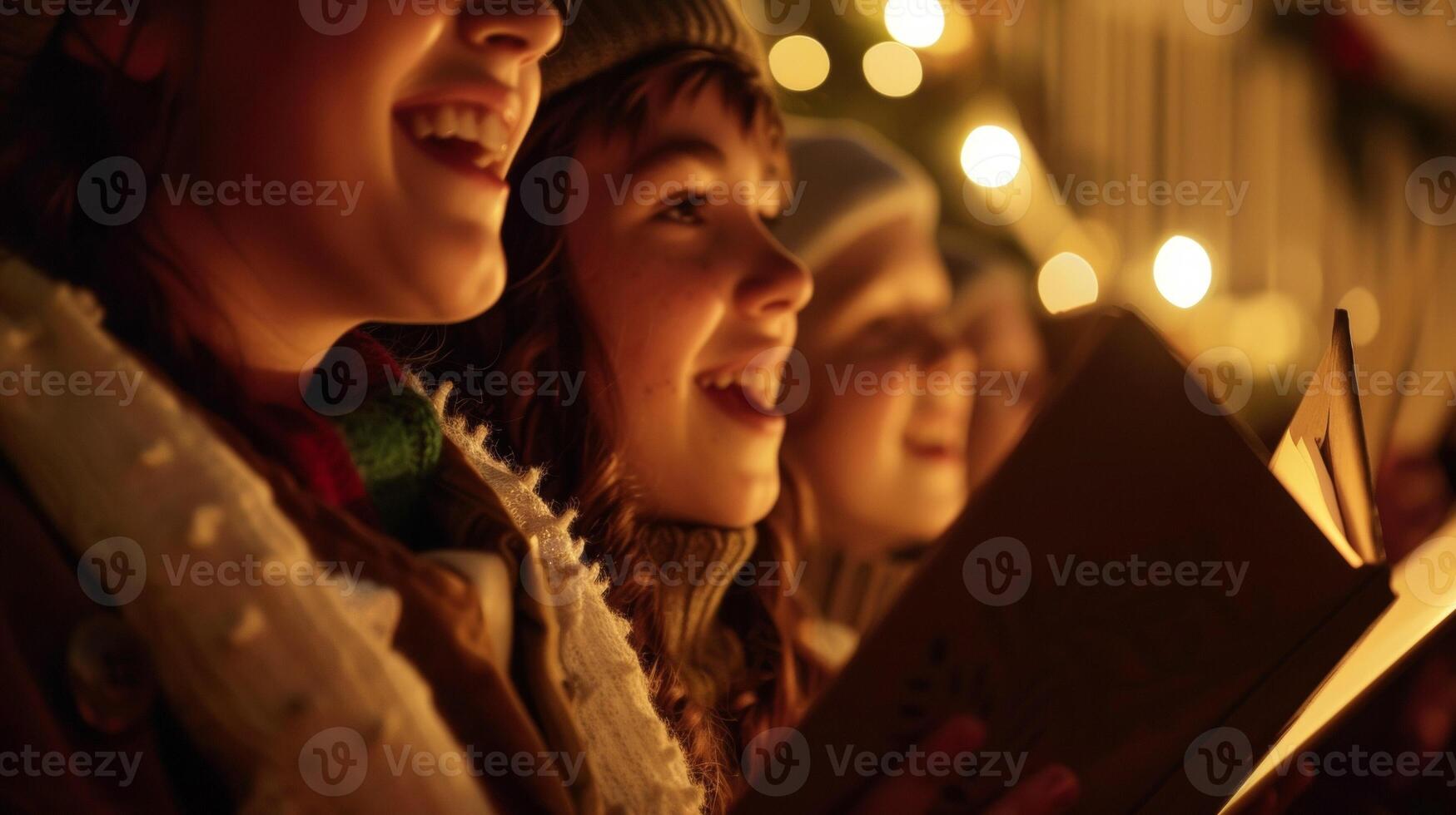 The cheerful sound of Christmas carolers singing traditional holiday songs as they go doortodoor spreading the joy of the season photo