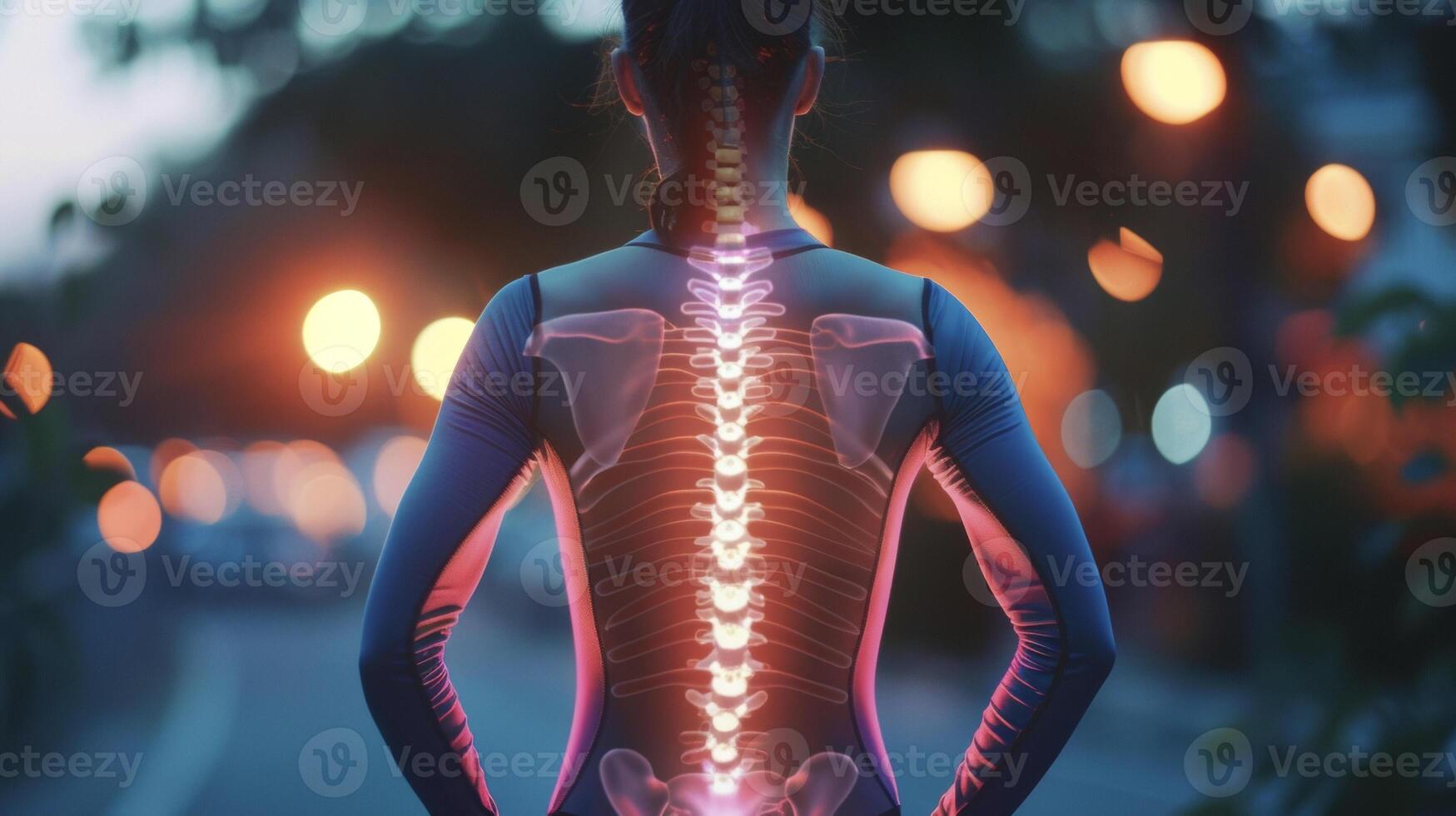A closeup of a persons back with a virtual spine superimposed helping them visualize and correct their posture during a core strengthening exercise photo