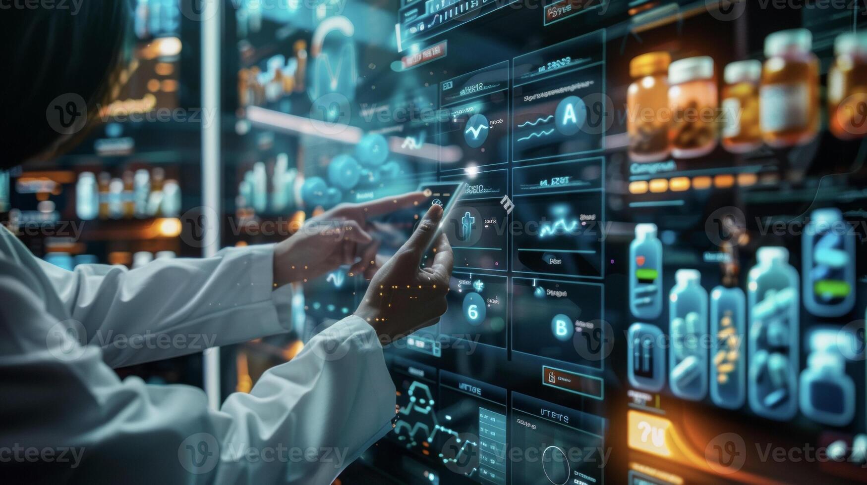 A virtual pharmacist guiding a user through different health conditions and suggesting suitable medication options photo