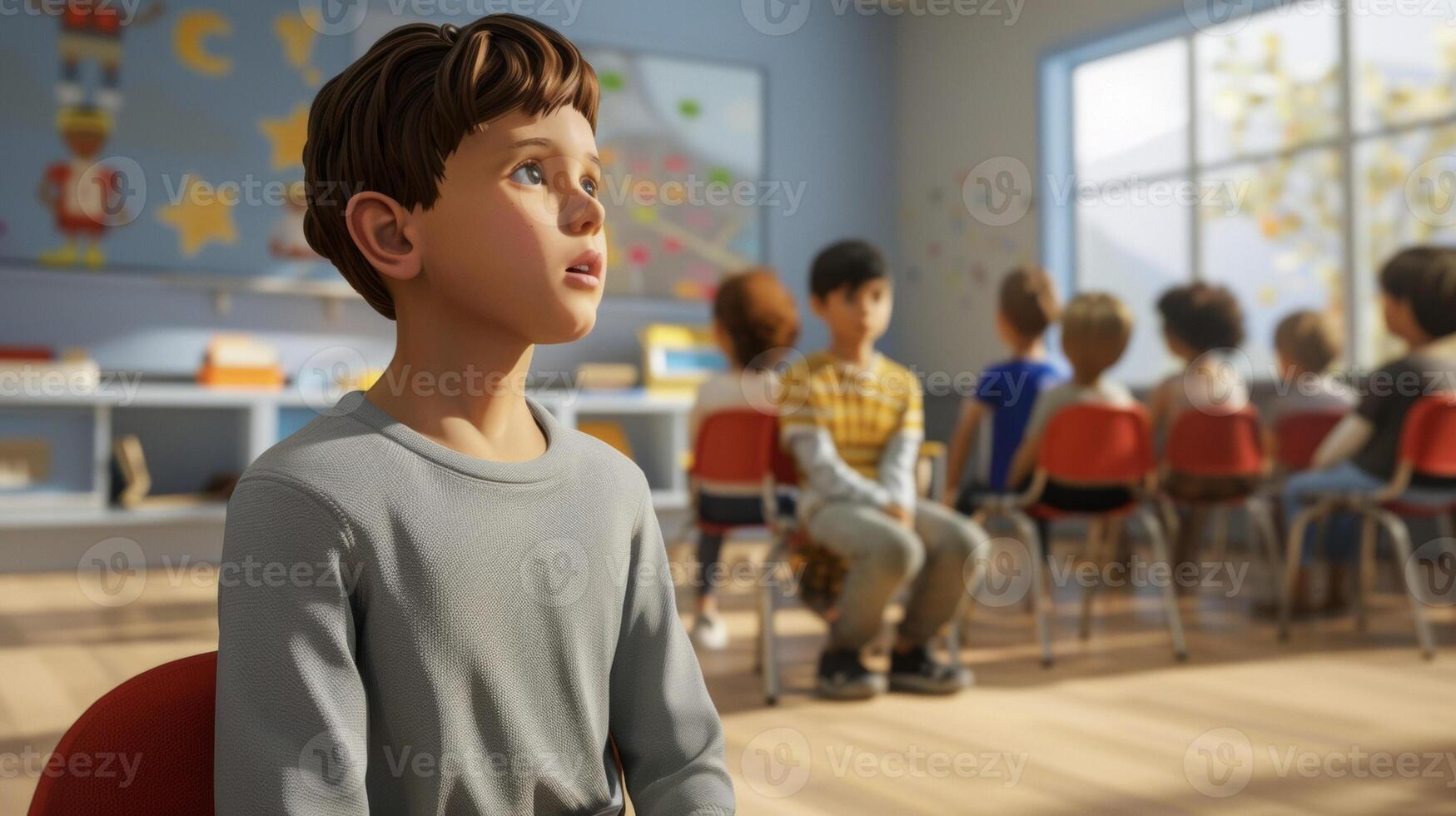 A virtual reality simulation depicting a classroom setting utilized in cognitive behavioral therapy for children with behavior disorders photo