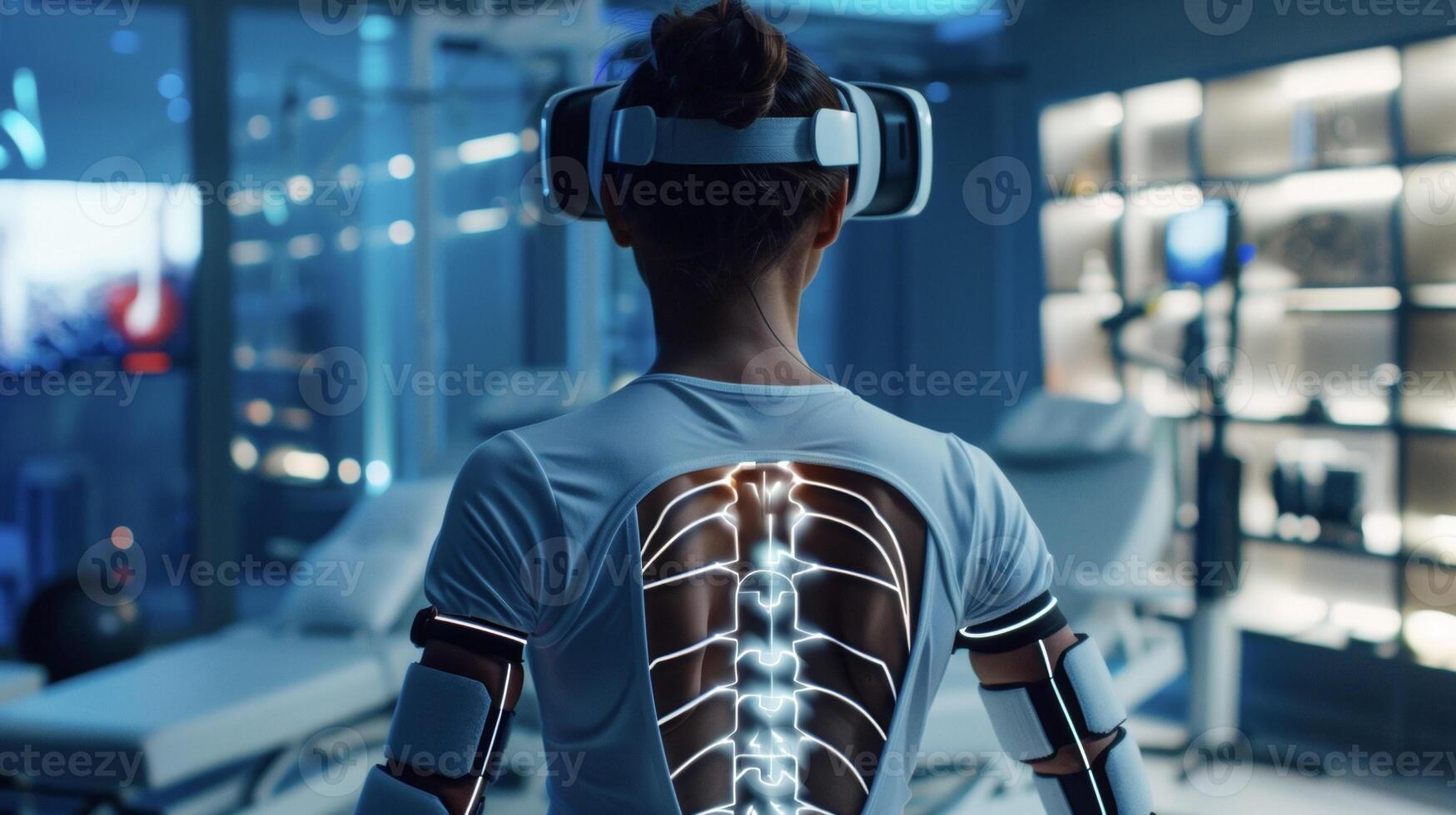 A person immersed in a virtual reality program specially designed for chronic pain in their upper back and neck utilizing targeted exercises and movements to alleviate tensio photo