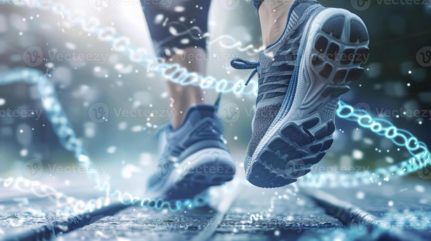 A persons feet wearing running shoes with a DNA strand swirling around them indicating the merging of science and fitness in personalized programs photo